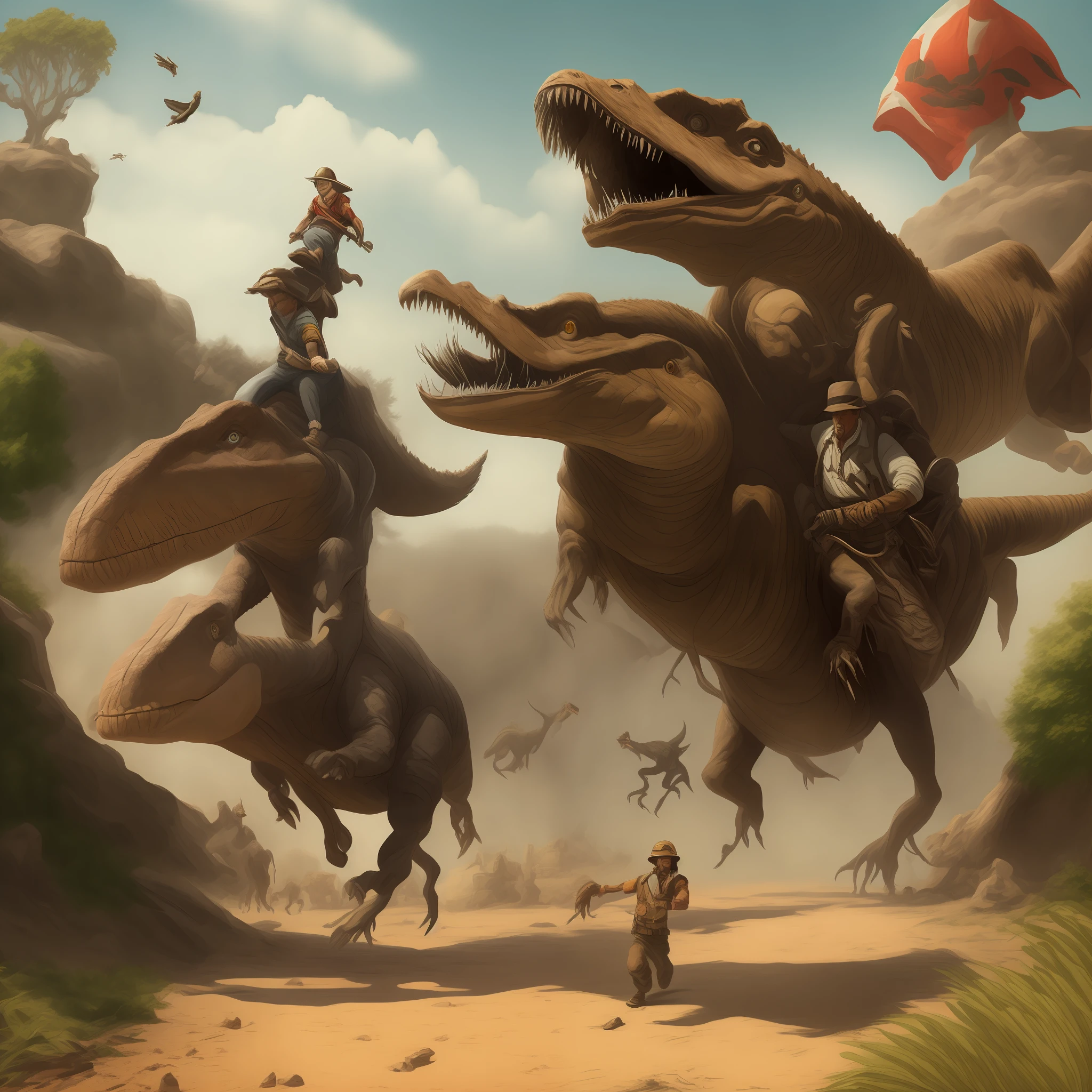 Indiana Jones riding a dinosaur chasing after nazis , detailed face, very realistic , --auto