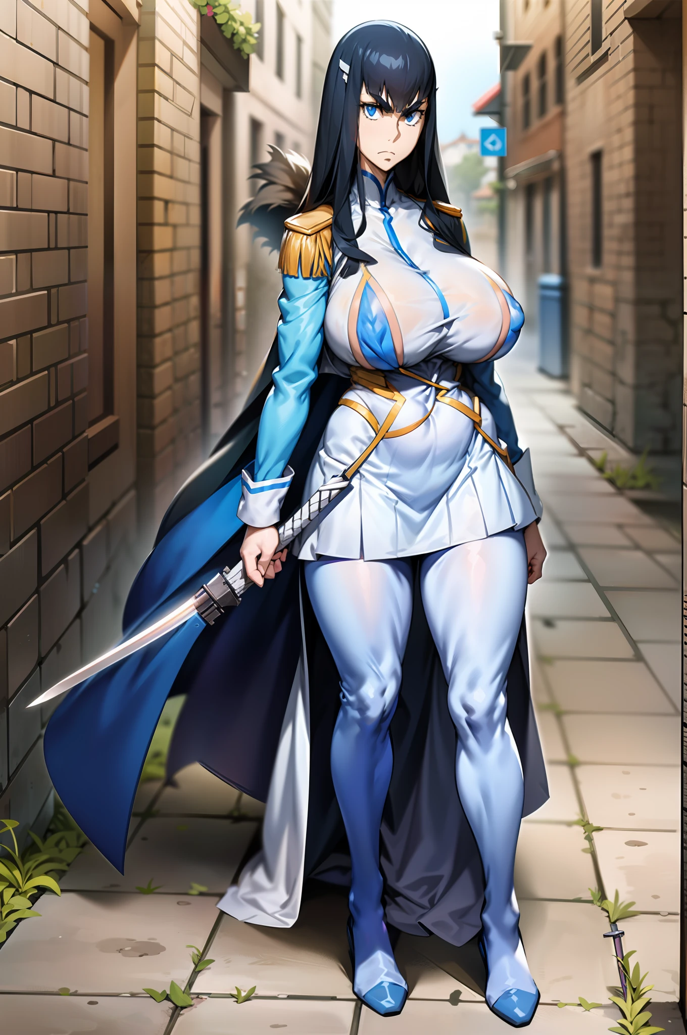 Satsuki Kiryuin, Satsuki Kiryuin from Kill-la-Kill, big breasts, voluminous breasts, curvy breasts, mesh stockings, standing with a katana, full height, bottom view, best quality, very detailed, ultra 8k resolution,huge breast, coat , vest, long skirt, portrait, full body, victorias clothing, long dress, knight, pants, black skinn suit, medieval city, plants, vest,polo shirt, forest, long dress, big robe