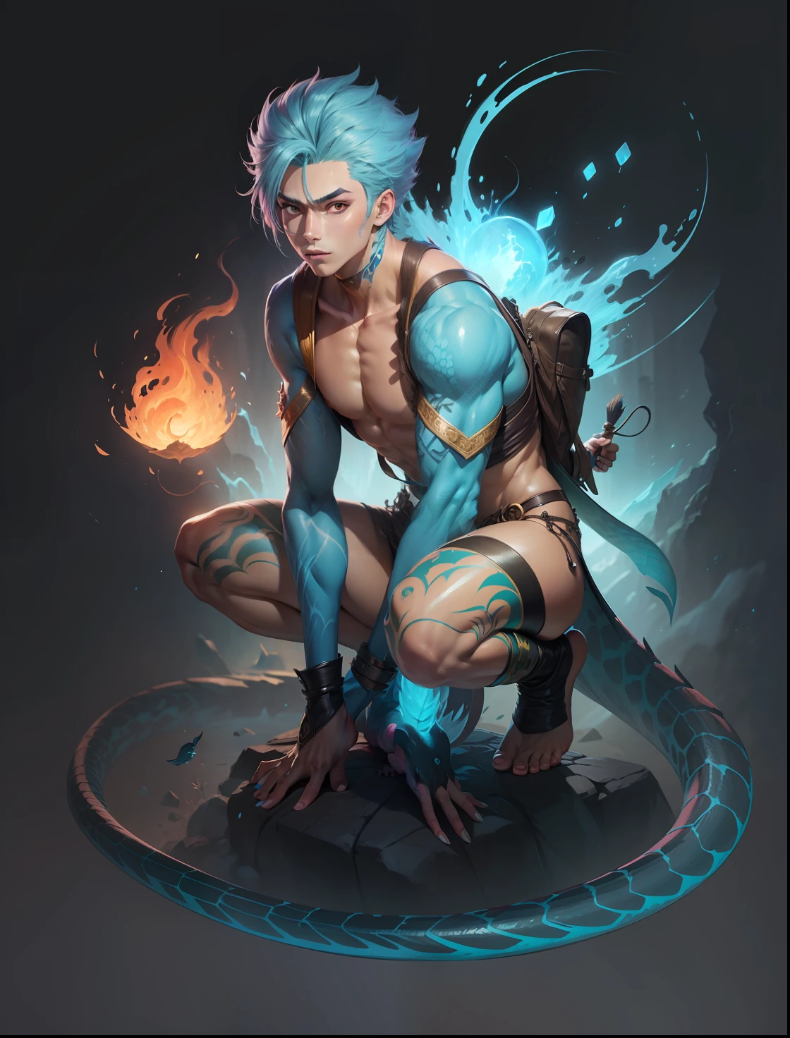 a drawing of a man with blue hair and tribal robes, an anime character; full body art, elemental male, lizard boy, digital anime illustration, fantasy art style, colorful! character design, anime fantasy illustration, full body illustration, vibrant cartoon, colorful concept art, full body commission for, anime in fantasy style, vibrant fantasy style --auto