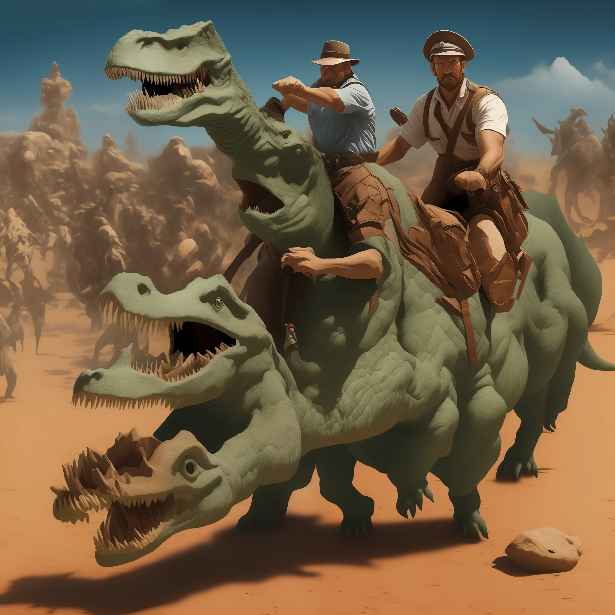 Indiana Jones riding a dinosaur chasing after nazis , detailed face, very realistic , --auto