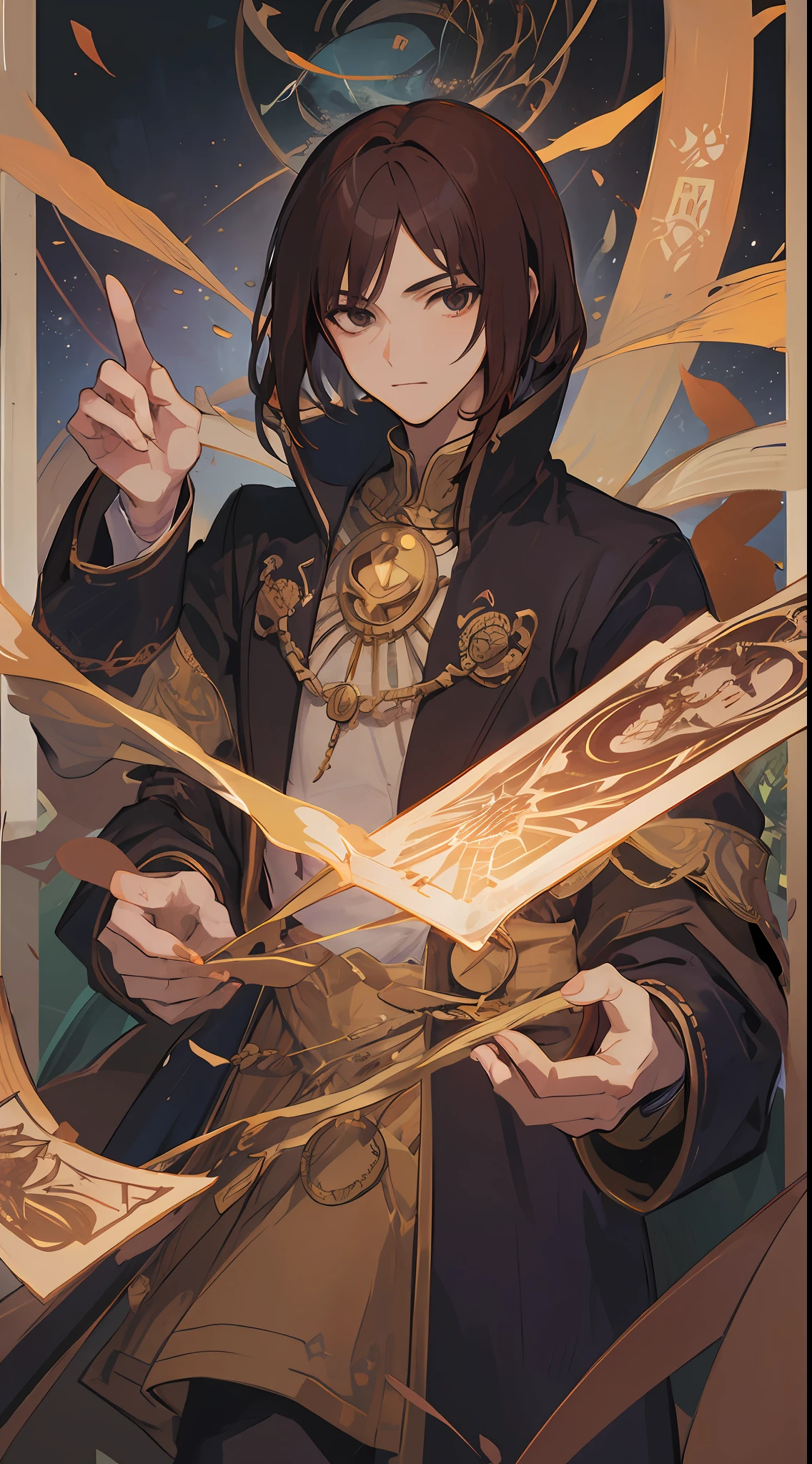 1Man, Brown hair, sharp black eyes, he is the God of Commerce, make it like tarot anime-style but no frame