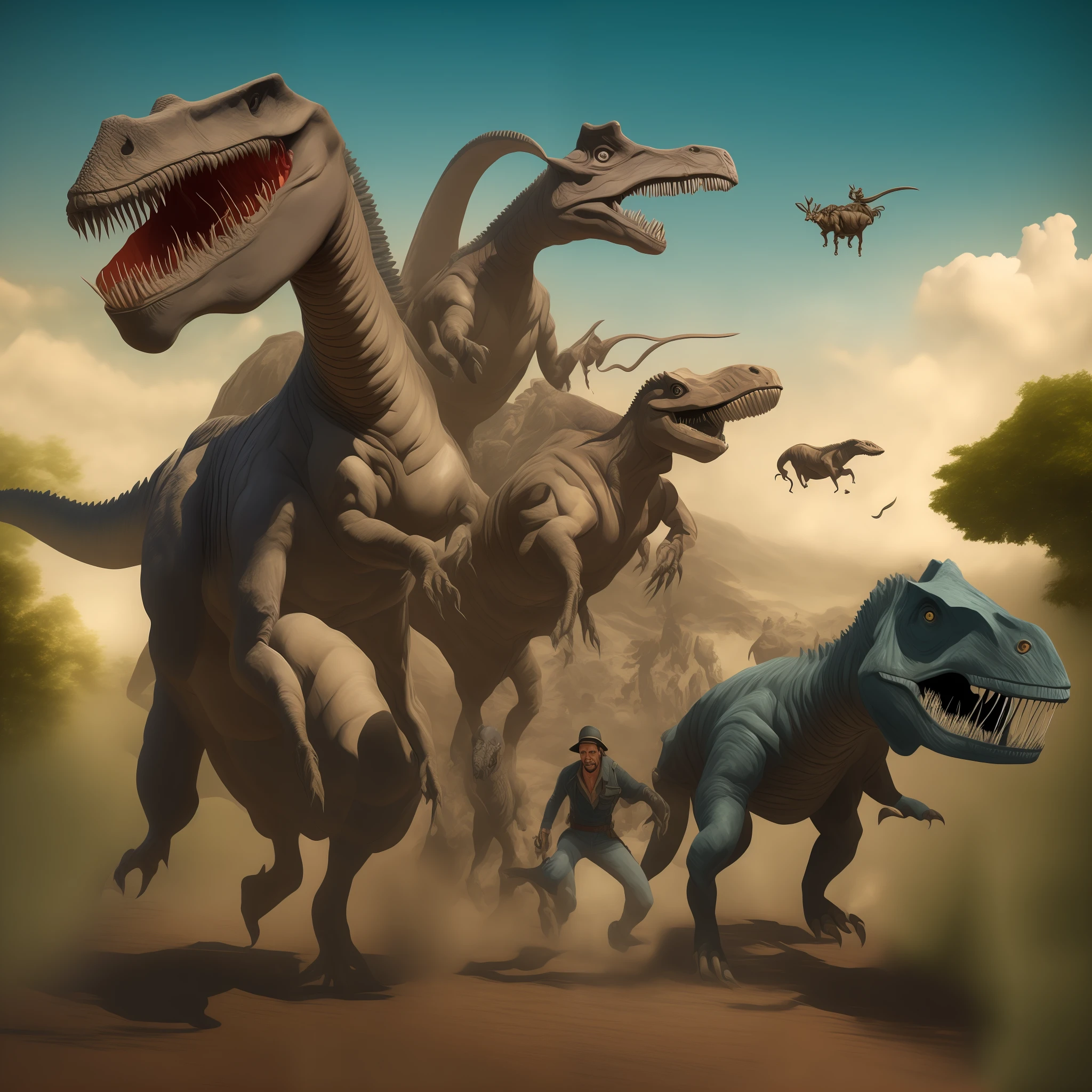 Indiana Jones riding a dinosaur chasing after nazis , detailed face, very realistic , --auto