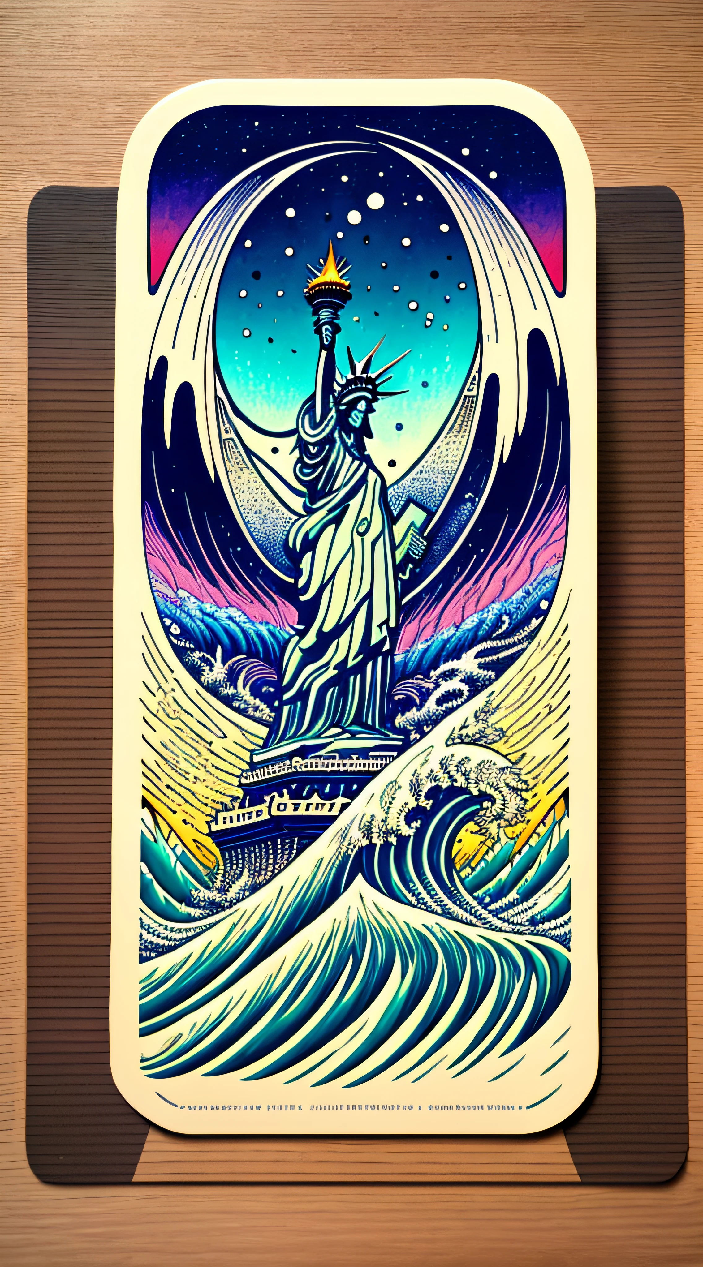 Sticker, work of Hokusai, Ukiyo-e style, Statue of Liberty 1900, psychedelic, abstract. The foreground is like the wave off Kanagawa. The wave is transforming into the head of the dragon and Liberty. --auto