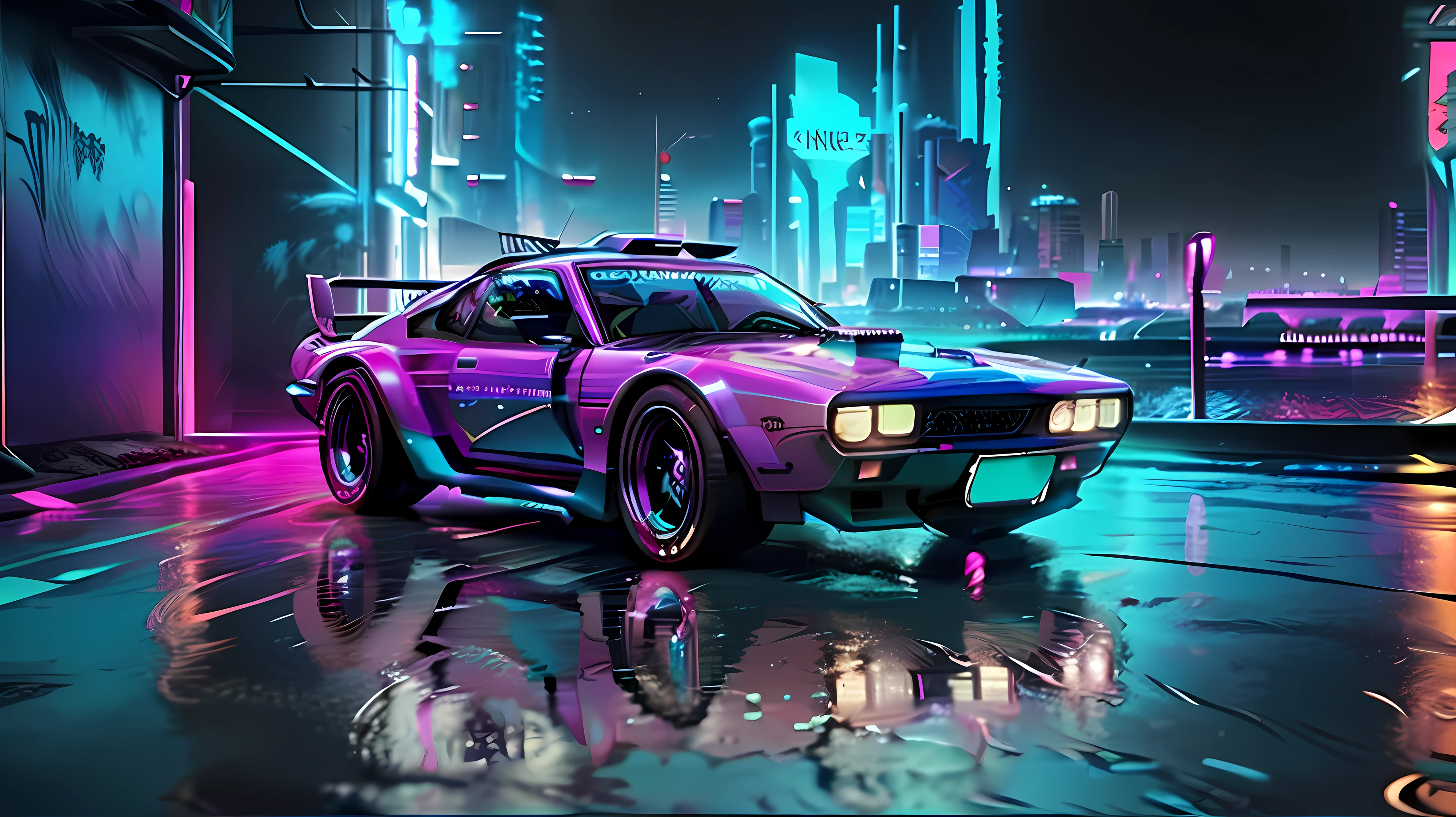 a close up of a car with neon lights on it, cyberpunk car, cyberpunk garage on jupiter, cyberpunk art style, cyberpunk 2077 color, cyberpunk vibe, cyberpunk neon, hyper-realistic cyberpunk style, cyberpunk futuristic neon, bright cyberpunk glow, cyberpunk art 2077, cyberpunk style , hyperrealistic, neon cyberpunk, cyberpunk 8 k, cyberpunk vibes
