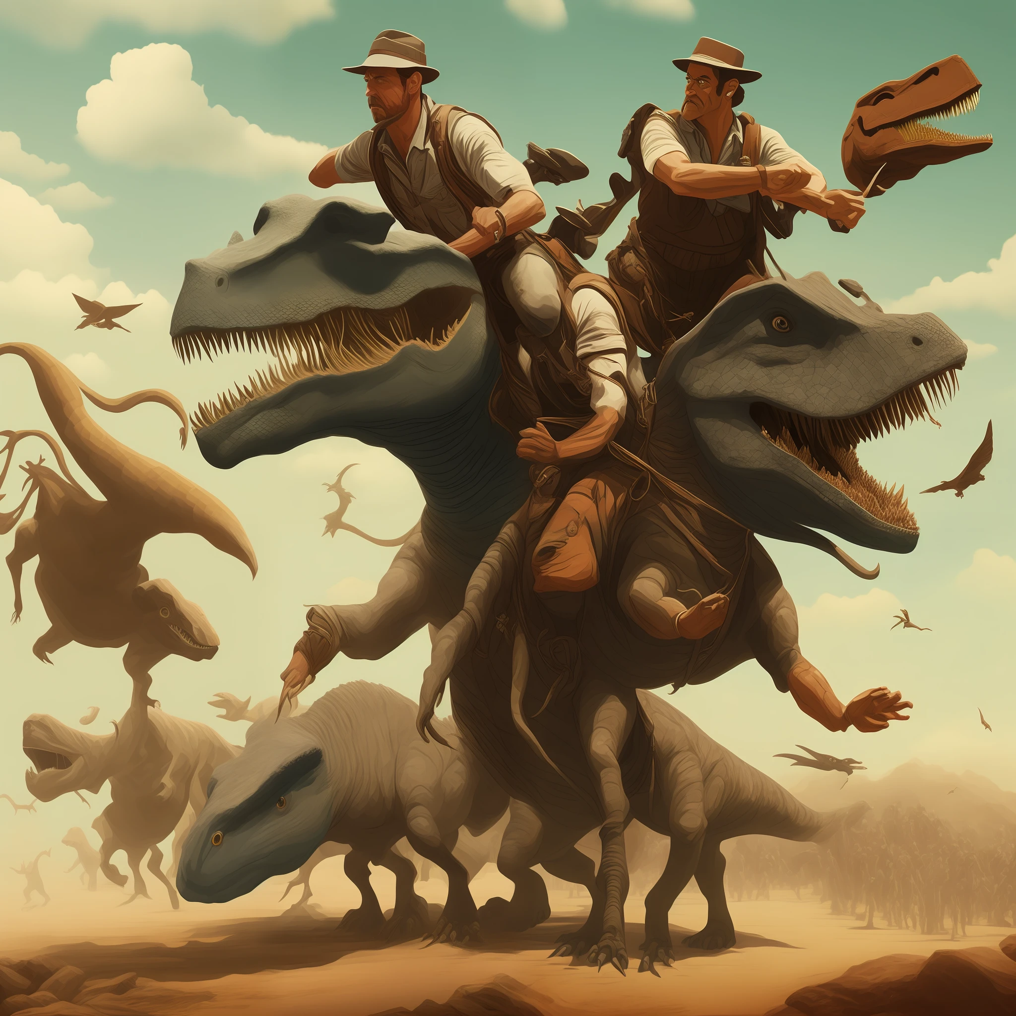 Indiana Jones riding a dinosaur chasing after nazis , detailed face, very realistic , --auto
