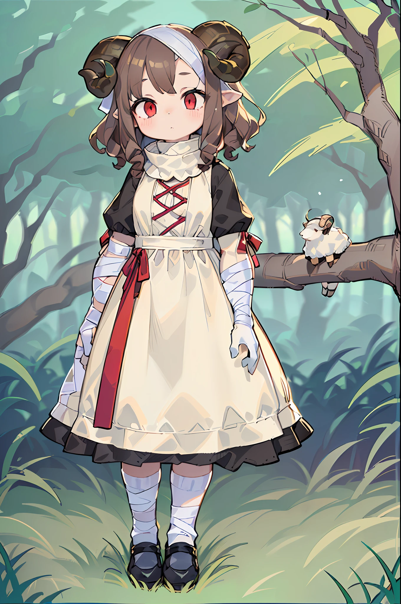 ((Full body):1.5),((*************** /with sheep's horns):1.5), bulging hips,((brown curly hair):1.2),((bandaged arms and legs):1.4)(wearing a white dress:1.4),(black shoes:1.5) ((red eyes):1.3), looking at the viewer, in a ((tree grass field in the background):1.5),4k,