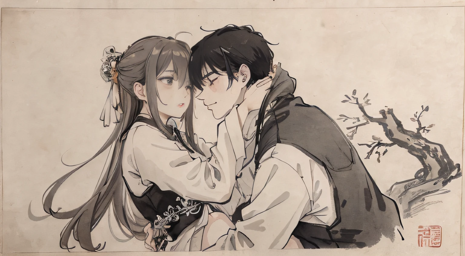 (Masterpiece, best quality: 16.9), traditional Chinese ink painting, couples hugging and resting together