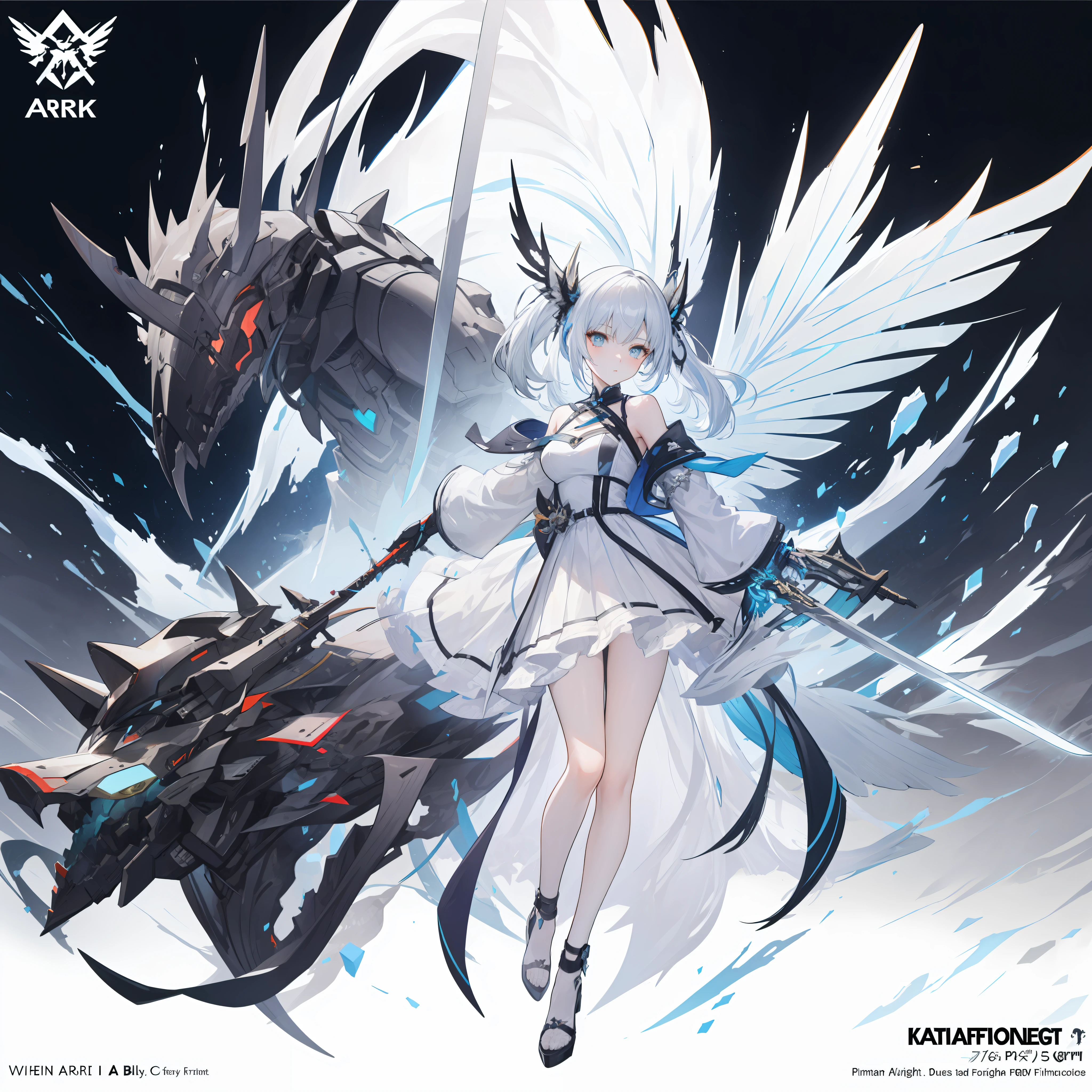 Full body close-up of a man holding a sword in a lily element white dress pleated skirt, off-white as the main color, Punishing: Gray Raven, from Ark Night, Guvitz, from Punishing: Gray Raven, popular on ArtStation Pixiv, Full Body Fairy, Girl Frontline style, Girl Frontier universe, inspired by Leng Mei, Kusart Krenz key art feminization, 7.5 head body, mechanical prosthetics,