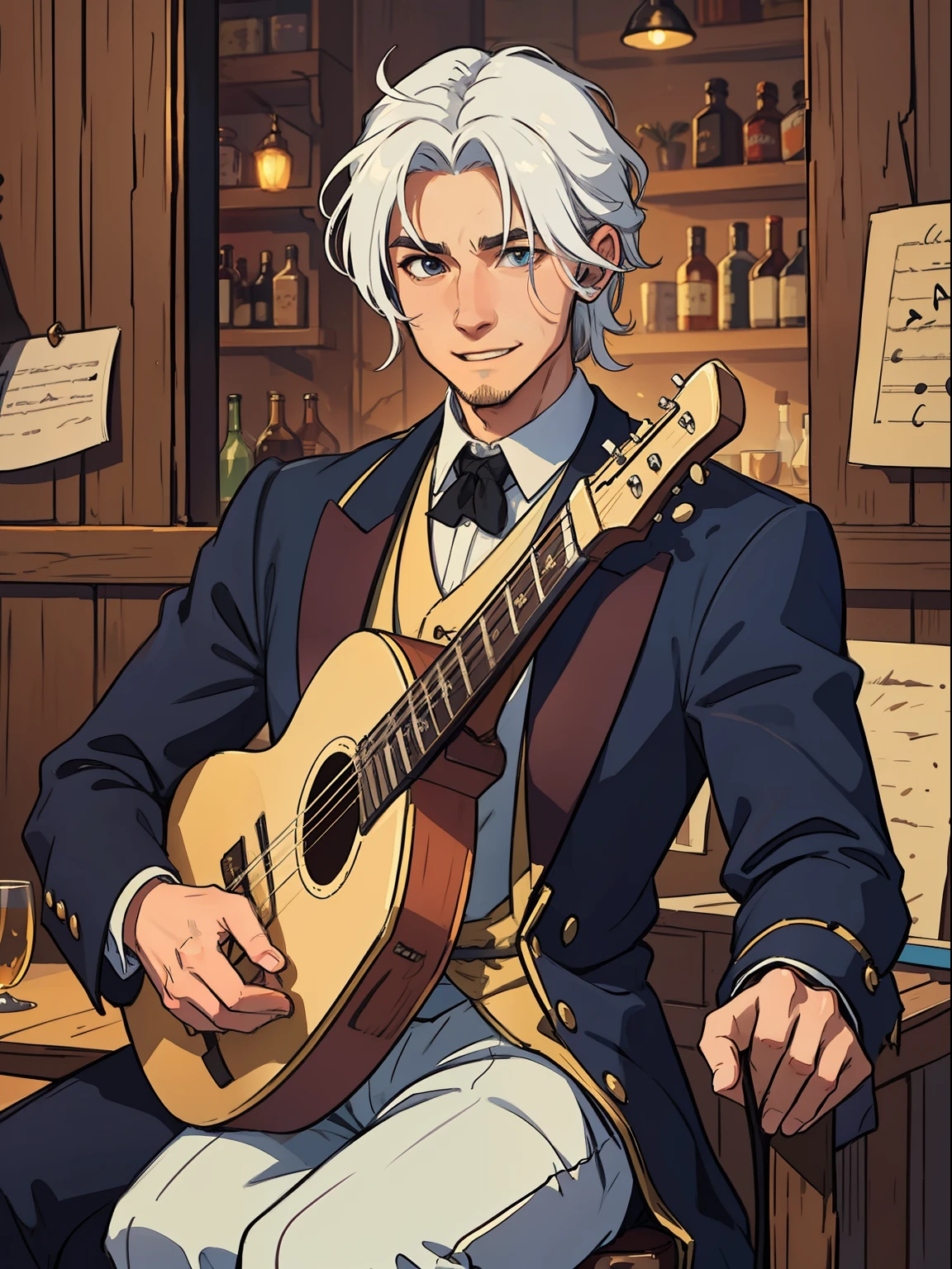 a handsome man with straight white hair, his hair is of average length at ear height, like a channel-style haircut, this man wears elegant medieval costumes, has a captivating smile, for he is a gallant, he is with his alaude as he is a bard in a tavern, playing music for some beautiful women;