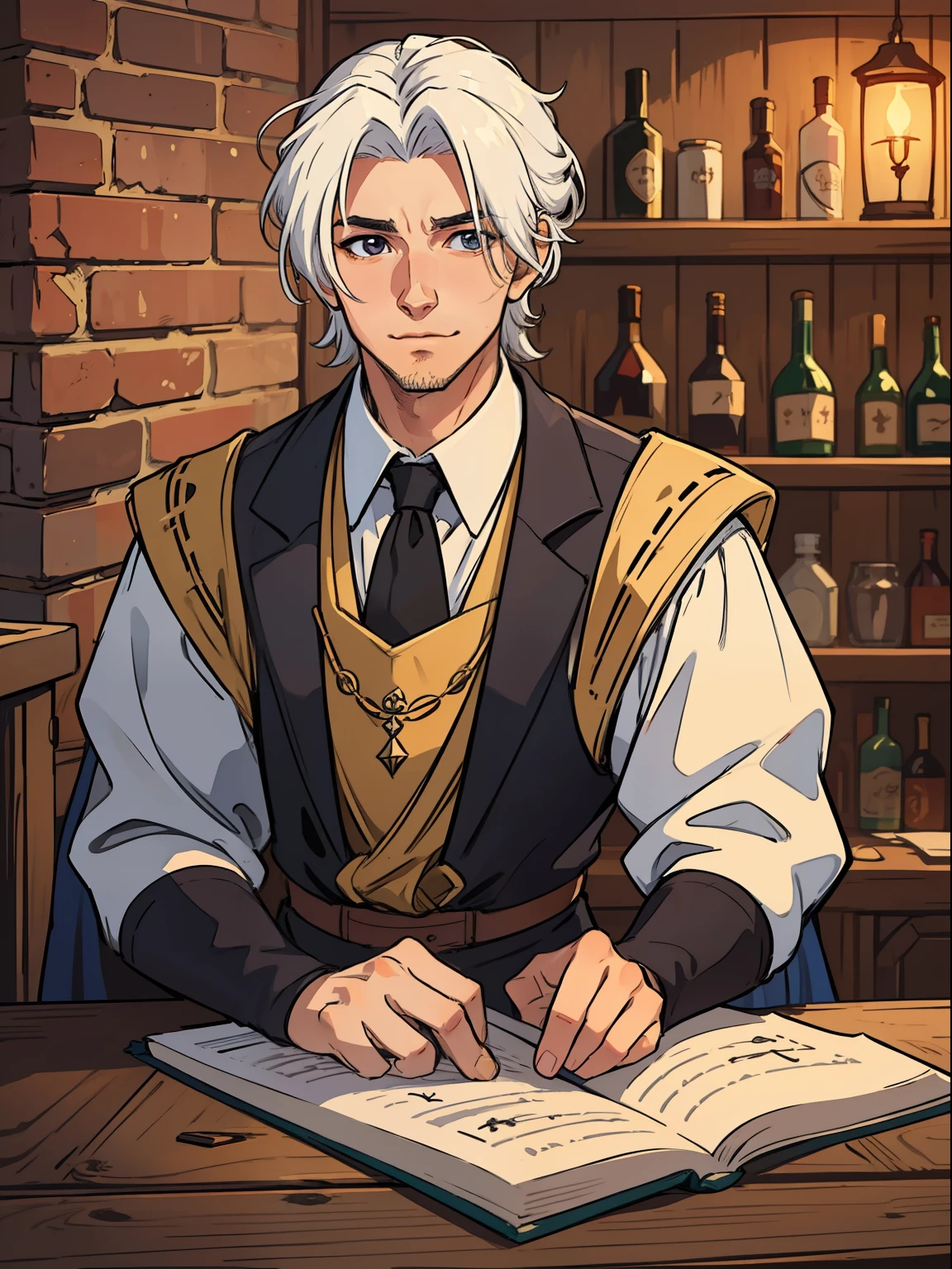 Create a handsome man with straight white hair His hair is of average length at ear height like a Channel style haircut like an anime character This man wears elegant medieval costumes has a captivating smile as he is a gallant he is with his alaude as he is a bard in a tavern playing music for some beautiful women