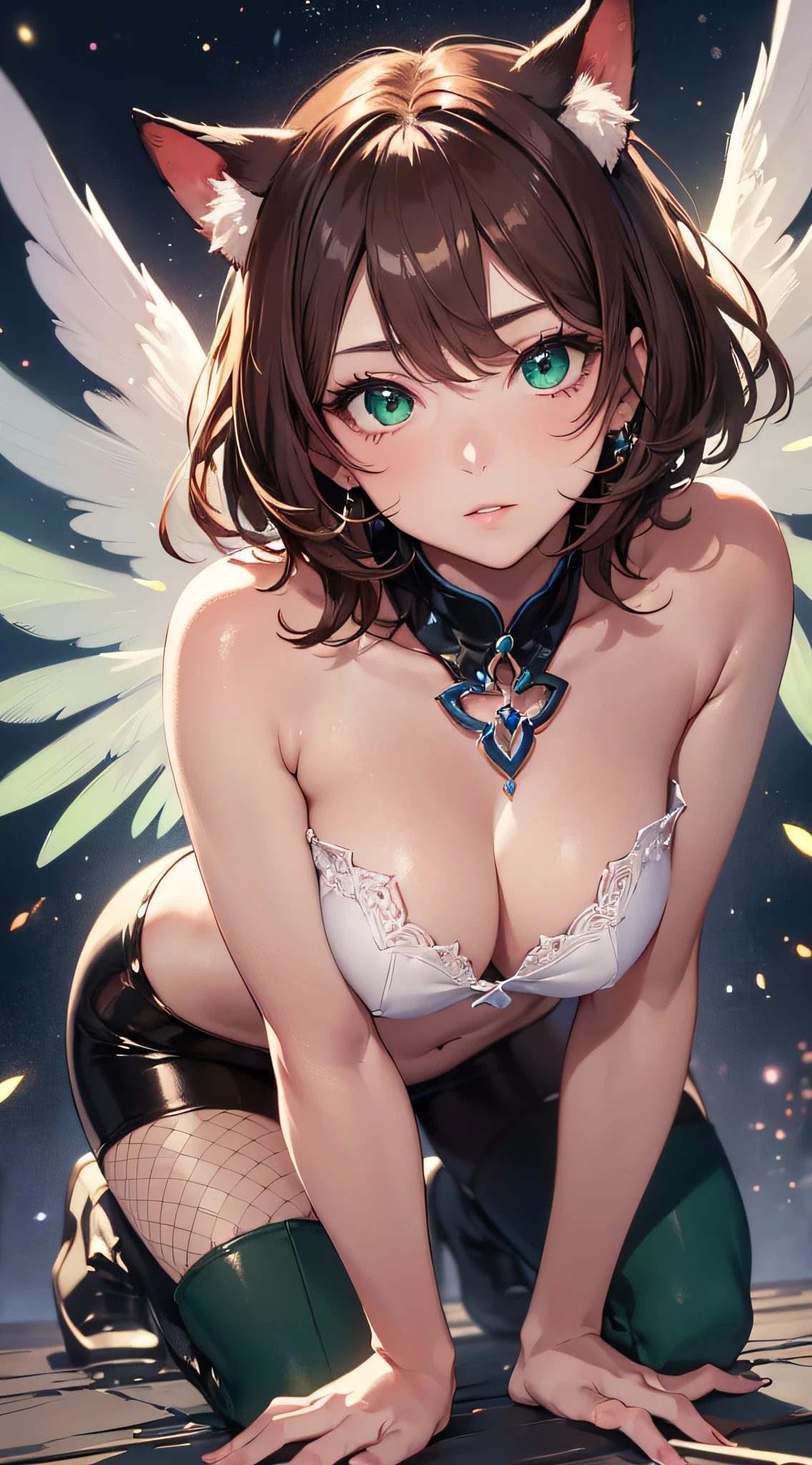 (((Masterpiece))), 1girl, super detailed, hyper-realistic face, (coquettish expression), pantyhose, crop top, rounded wings, luminescent cat ears, ((super cute face)), ((angelic face)), ((incredibly beautiful eyes)), (luminous green eyes), (full body), pink boots, (brown hair), super sexy short hair, (delicate and perfect hands), (perfect anatomy), super delicate and sexy body, sexy pose, ((ulzzang)), (super thin face), Delicate features, ultra detailed, best quality, cinematic lighting, captivating beauty, sexy look, beautiful star background