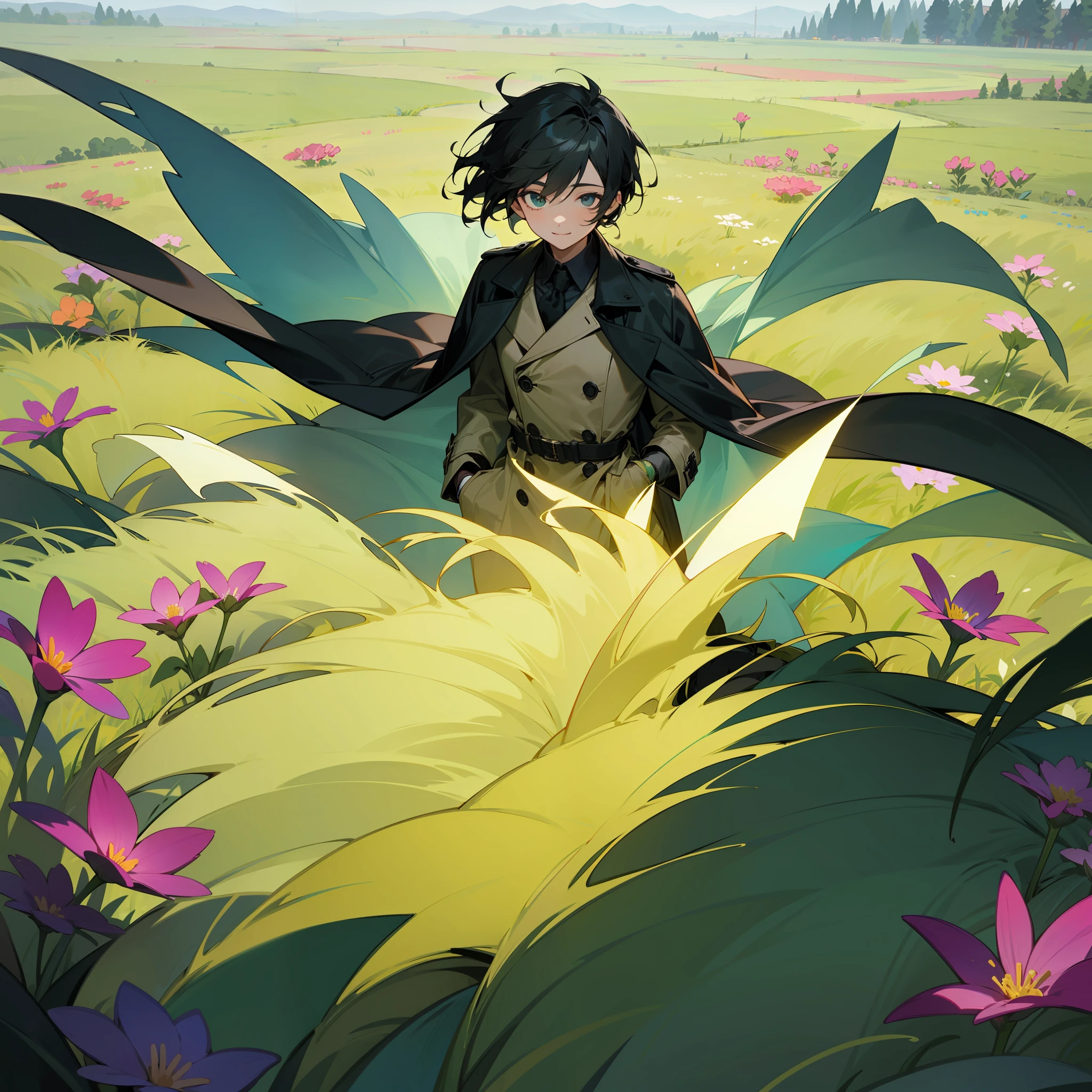 A boy, black hair a little long, black gentle eyes, smile, charm, fair skin, thin, black trench coat fluttering in the wind, surrounded by green grasslands, surrounded by many flowers in the surrounding grasslands