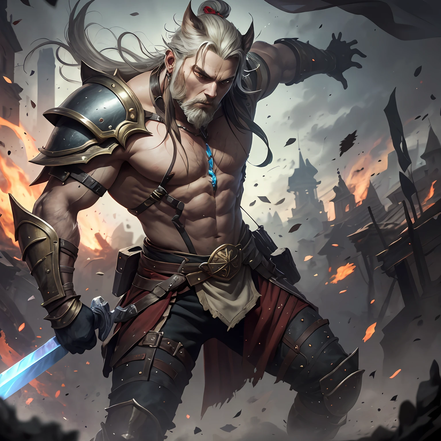 It generates an image of a slender male warrior of human race, full body, rough making his final position covered in dirt and blood, on a battlefield with fog, furious, victorious, background battle, enemy flags, luminous flashes meticulously applied using techniques of artists related to NCsoft games, such as Aion, Lineage 2 and Blade and Soul. The warrior must have an imposing appearance and be equipped with an extremely detailed and beautiful sword. Place him on a street in the medieval village, looking down, in a pose that conveys intimidation and dominance. Pay special attention to armor details, clothing textures, facial features, and lighting effects to create an immersive and epic atmosphere. Use vibrant, contrasting colors to enhance the image. Make sure the generated image is high-resolution and full of realistic detail