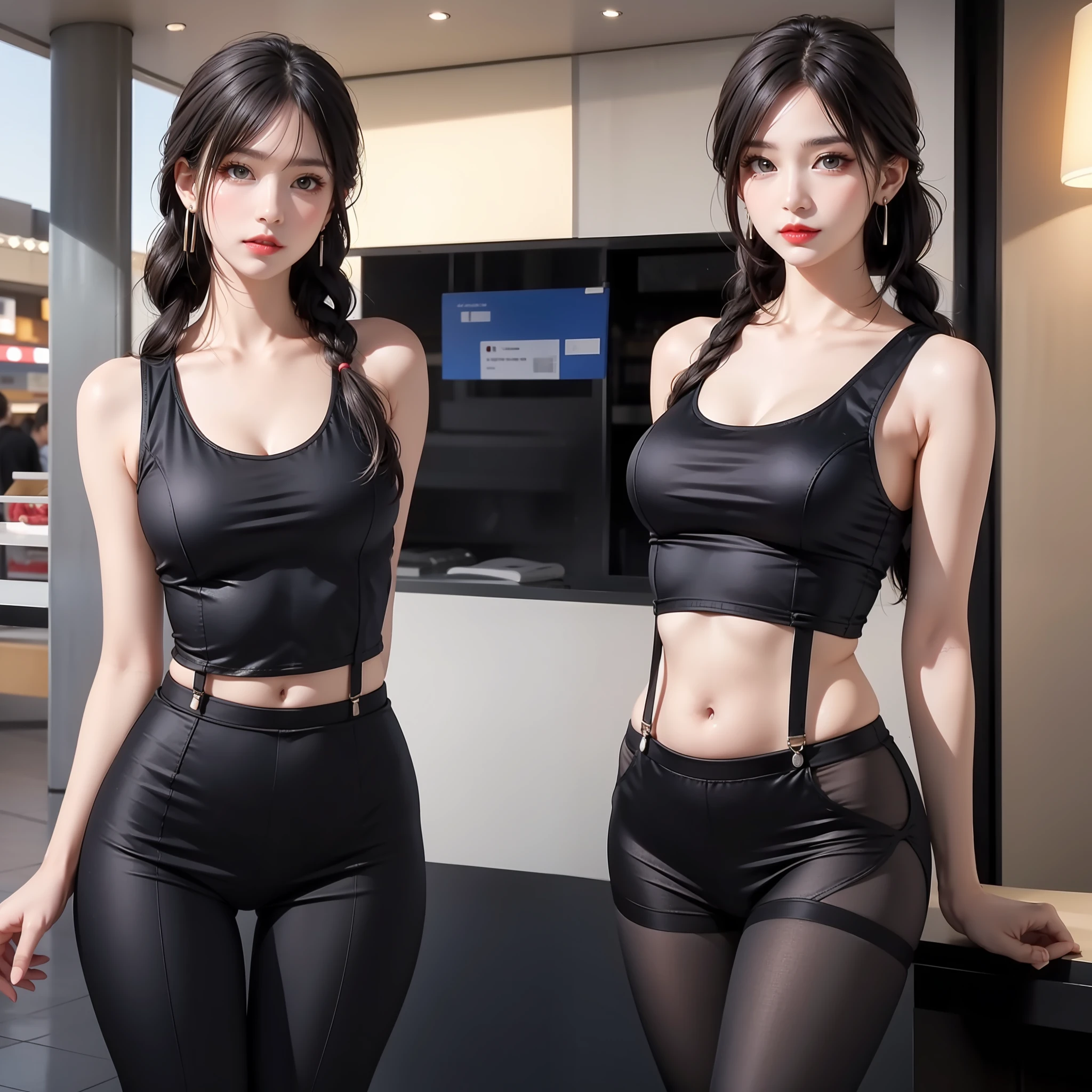 A silly white sweet, masterpiece, light makeup, red lips, coiled hair, side braids, shopping mall background, beautiful, elegant. Ultra-fine details, master works, real texture, cinematic lighting realism, perfect works, 8k, high definition, exquisite facial features. The upper body is wearing elastic sleeveless suspenders, showing the navel and a small waist. The lower body is wearing a beautiful hip skirt, sexy trouser tights, and an S-shaped curved body. Pear-shaped body. Rounded hips, slender little waist, sexy chest, vest line, collarbone, bright big eyes, smooth skin, earrings, tattoos, short and cute beautiful legs. Deep in the human, cat cherry lips. Perfect waist-hip ratio.