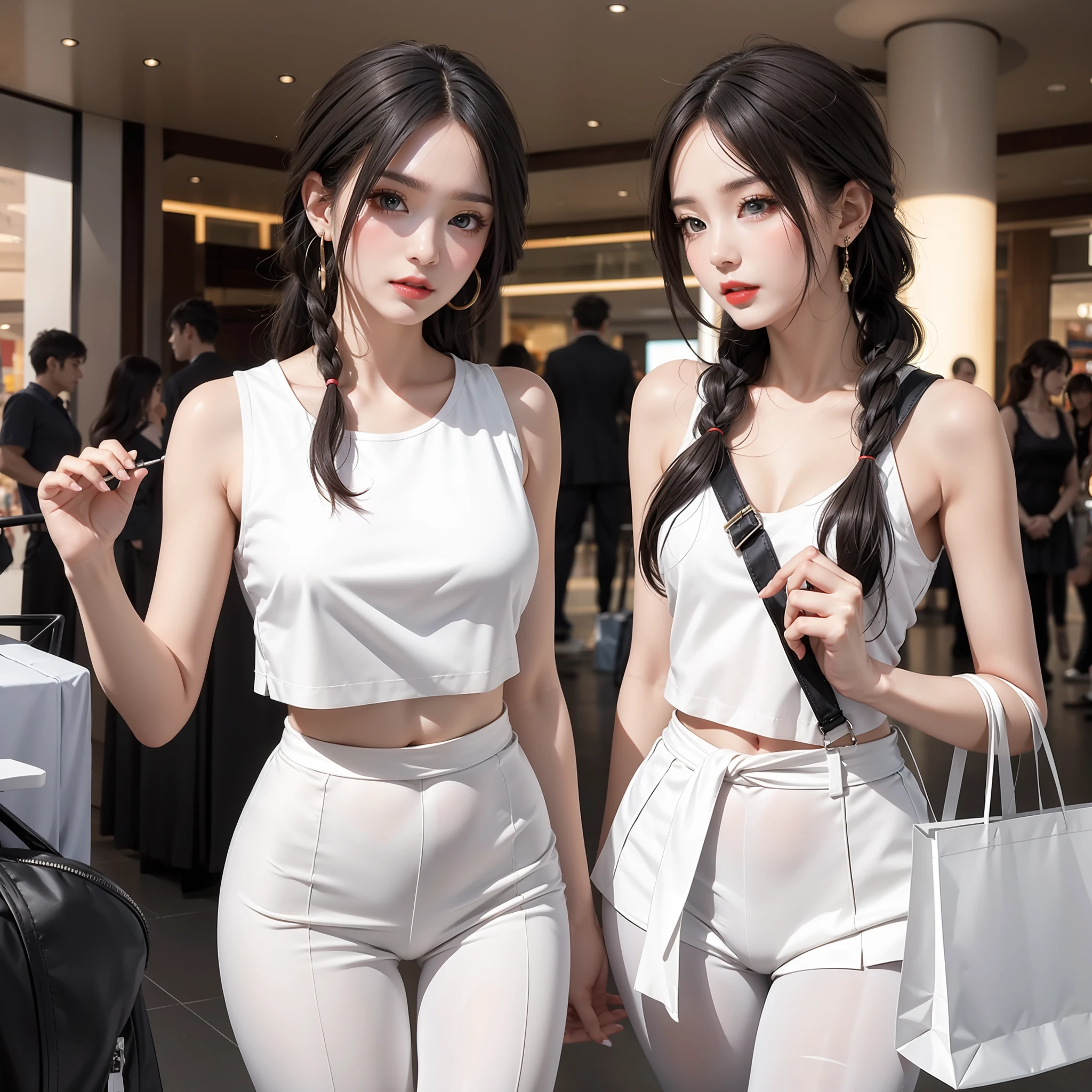 A silly white sweet, masterpiece, light makeup, red lips, coiled hair, side braids, shopping mall background, beautiful, elegant. Ultra-fine details, master works, real texture, cinematic lighting realism, perfect works, 8k, high definition, exquisite facial features. The upper body is wearing elastic sleeveless suspenders, showing the navel and a small waist. The lower body is wearing a beautiful hip skirt, sexy trouser tights, and an S-shaped curved body. Pear-shaped body. Rounded hips, slender little waist, sexy chest, vest line, collarbone, bright big eyes, smooth skin, earrings, tattoos, short and cute beautiful legs. Deep in the human, cat cherry lips. Perfect waist-hip ratio.