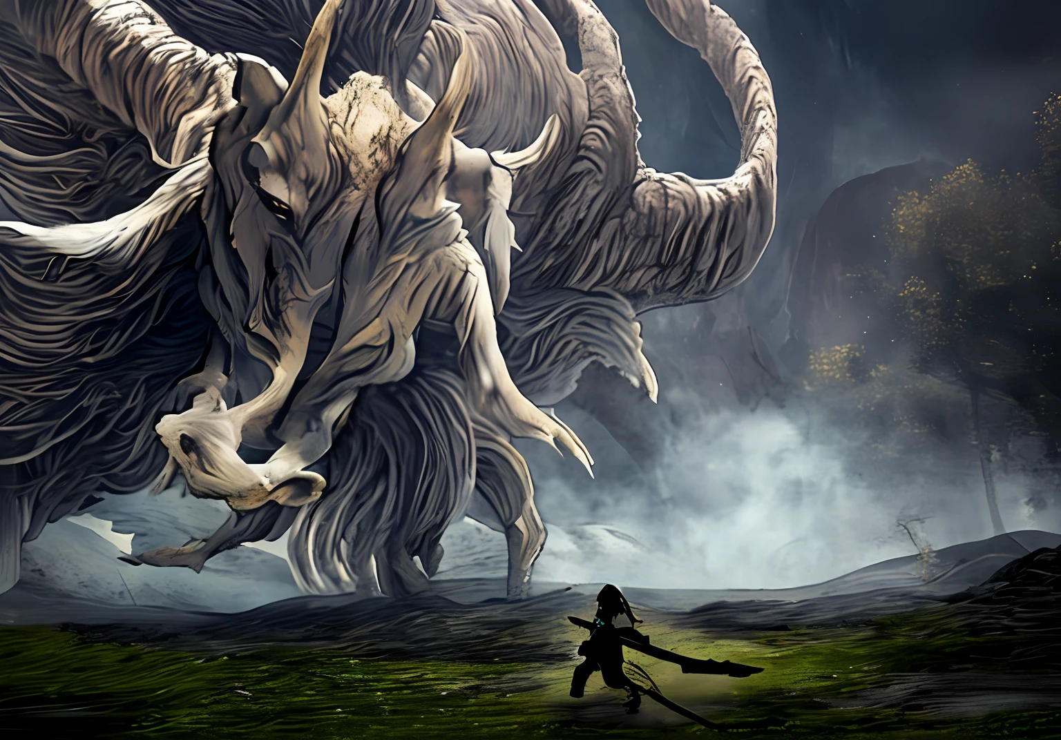 Drawing a man in a period costume walking over a huge cyclops on the wall, the background is a magnificent giant bull, with the feeling of DND fantasy art, unique ethereal creatures, on the epic intricate oroboros, fantasy illustration with a sense of mystery, the background is a huge cyclops bull, demons and looming creatures can also appear, fogging background, ink painting style, there is a warrior with a spear in the picture, emphasizing the perspective of size contrast and boss battle, the ground of rocky land, details, 8k rendering black hair, hair bobbles, wince, longeyelashes, solid circle eyes, fake animal ears, light smile, fang, surrealism, drop shadow, anaglyph, stereogram, tachi-e, pov, 8k, ccurate, best quality, high details