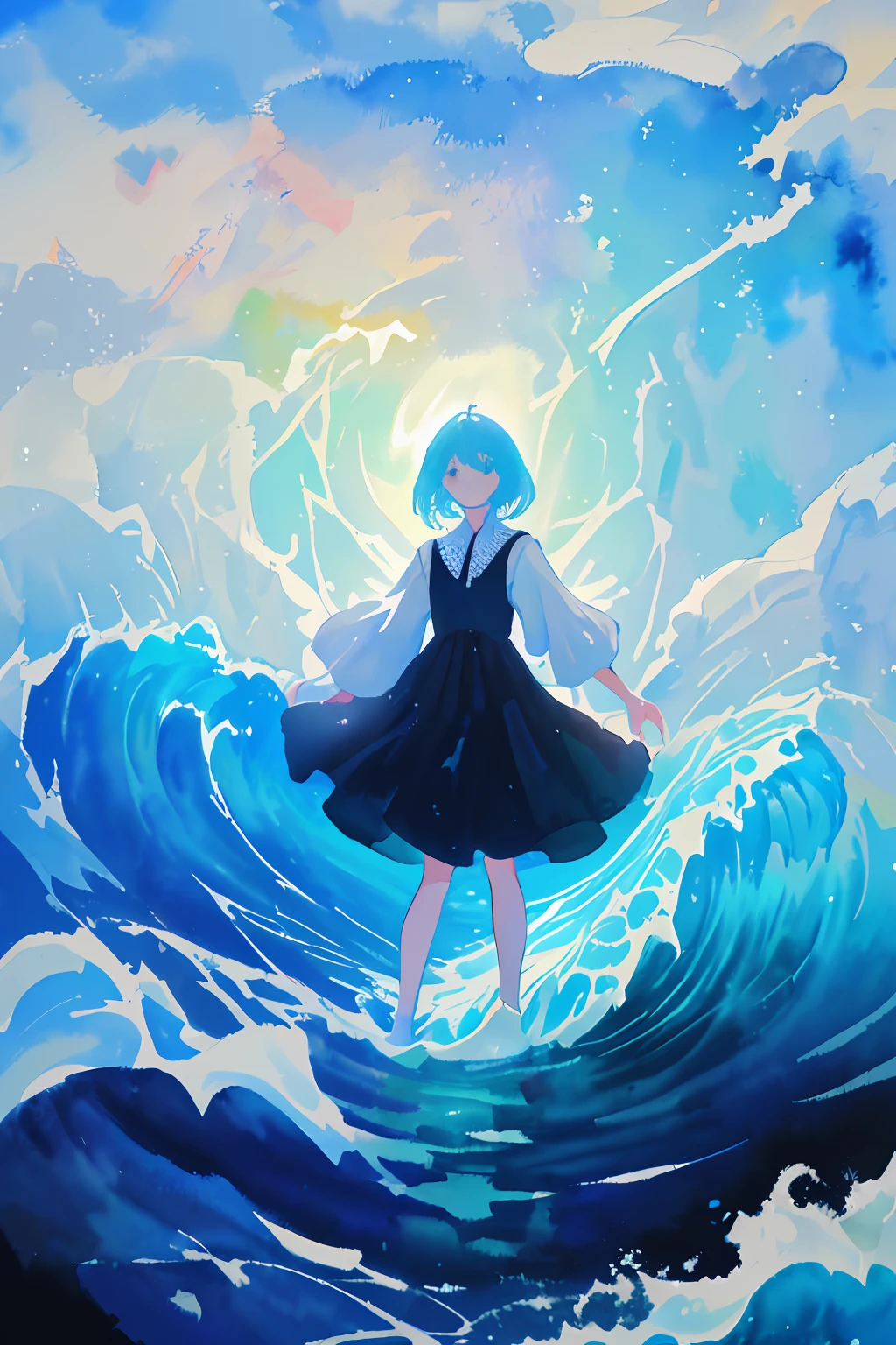 painting of a girl in a blue dress standing on a blue wave, anime girl walking on water, rippling with magic, water painting, walking on water, anamorphic illustration, rippling magic, inspired by Alice Prin, surreal water art, stands in a pool of water, detailed watercolor painting, standing in a maelstrom, watercolor pen drawing, artistic illustration