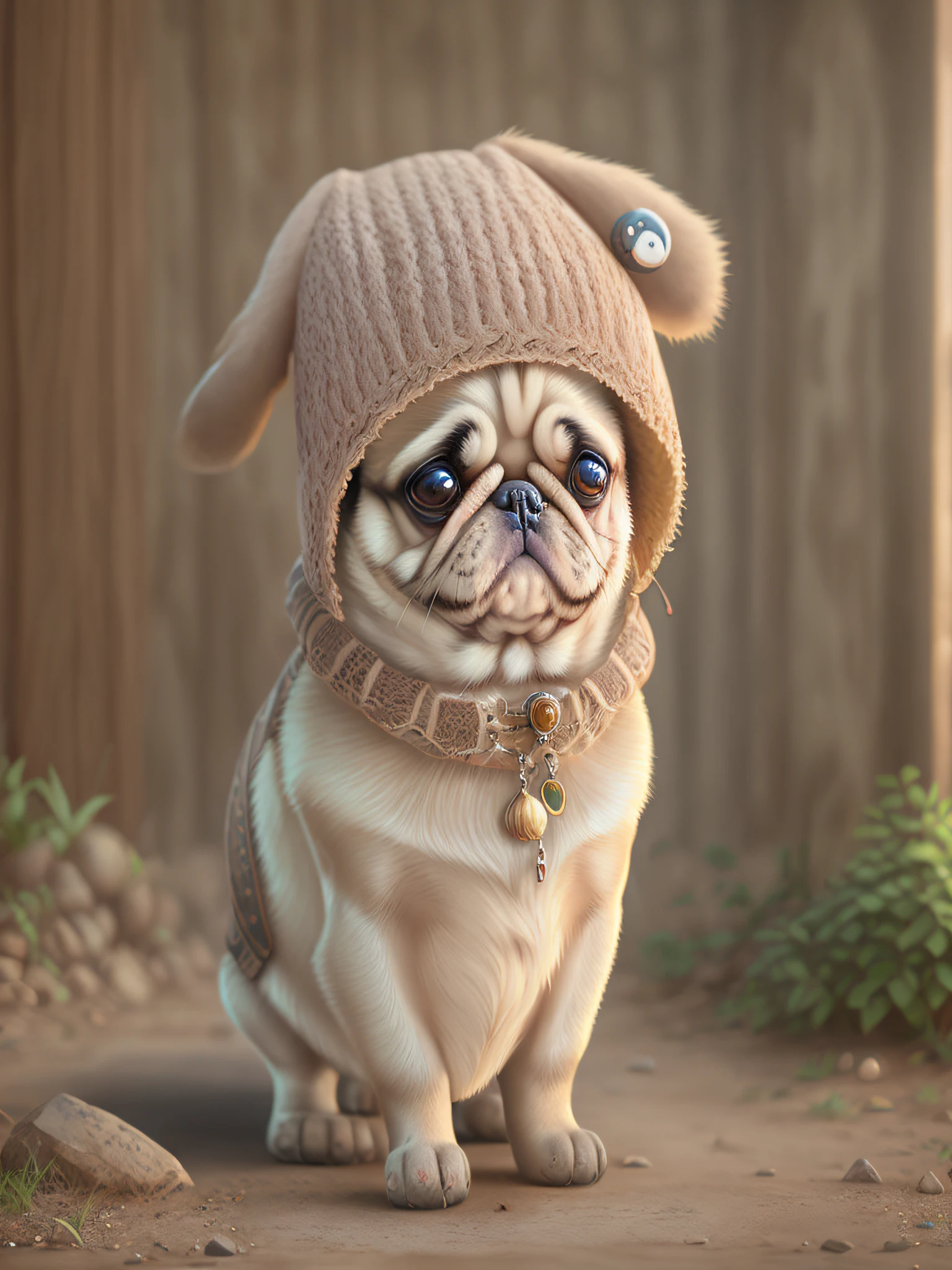 pug, reality, mokomoco, animal dressed, cheek, full body, hat, non-human, 8k --auto --s2