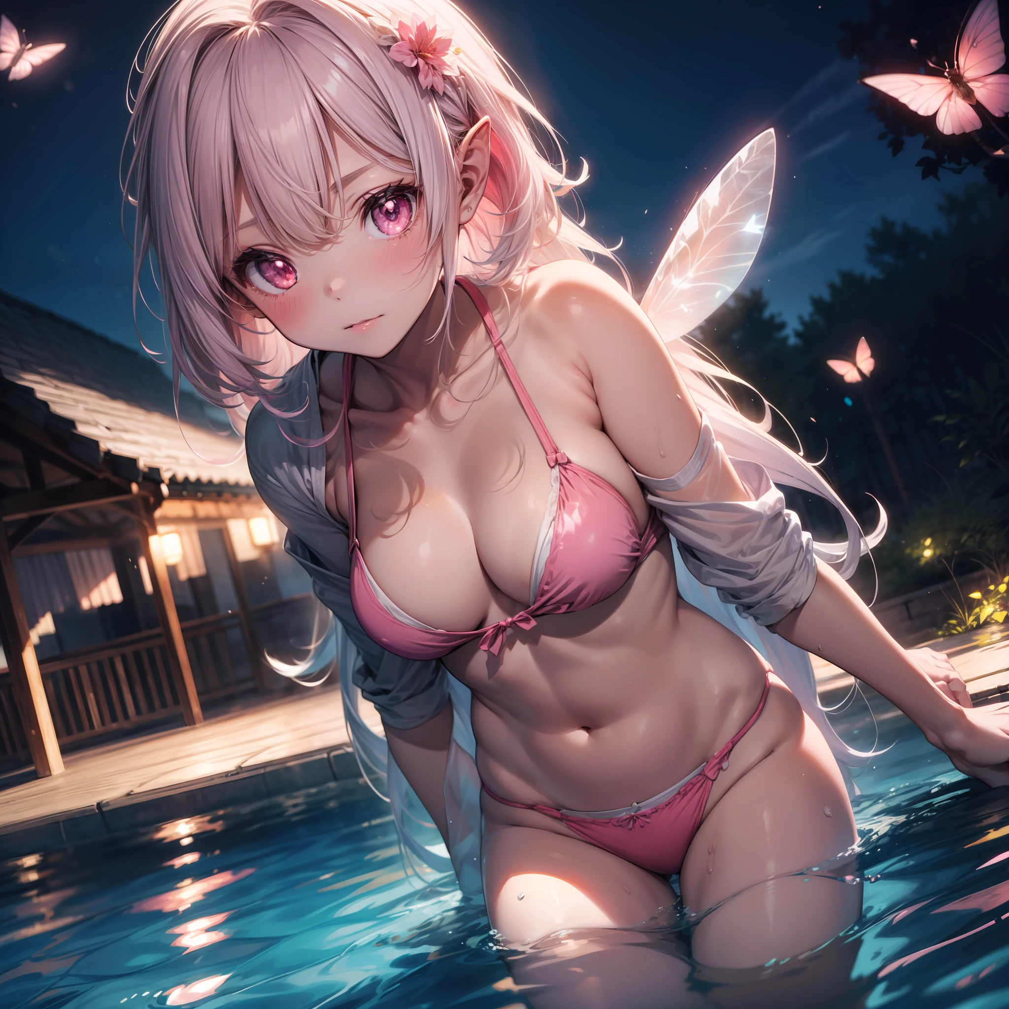 masterpiece, ultra detailed, 1girl, ((long white hair)), elf, fairy, ((pink theme)), ((pink pool)), white bikini, lights, ((glowing pink)), fireflys, ((half body)), swimming in water