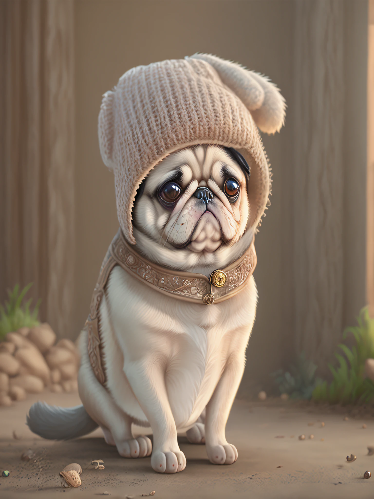 pug, reality, mokomoco, animal dressed, cheek, full body, hat, non-human, 8k --auto --s2