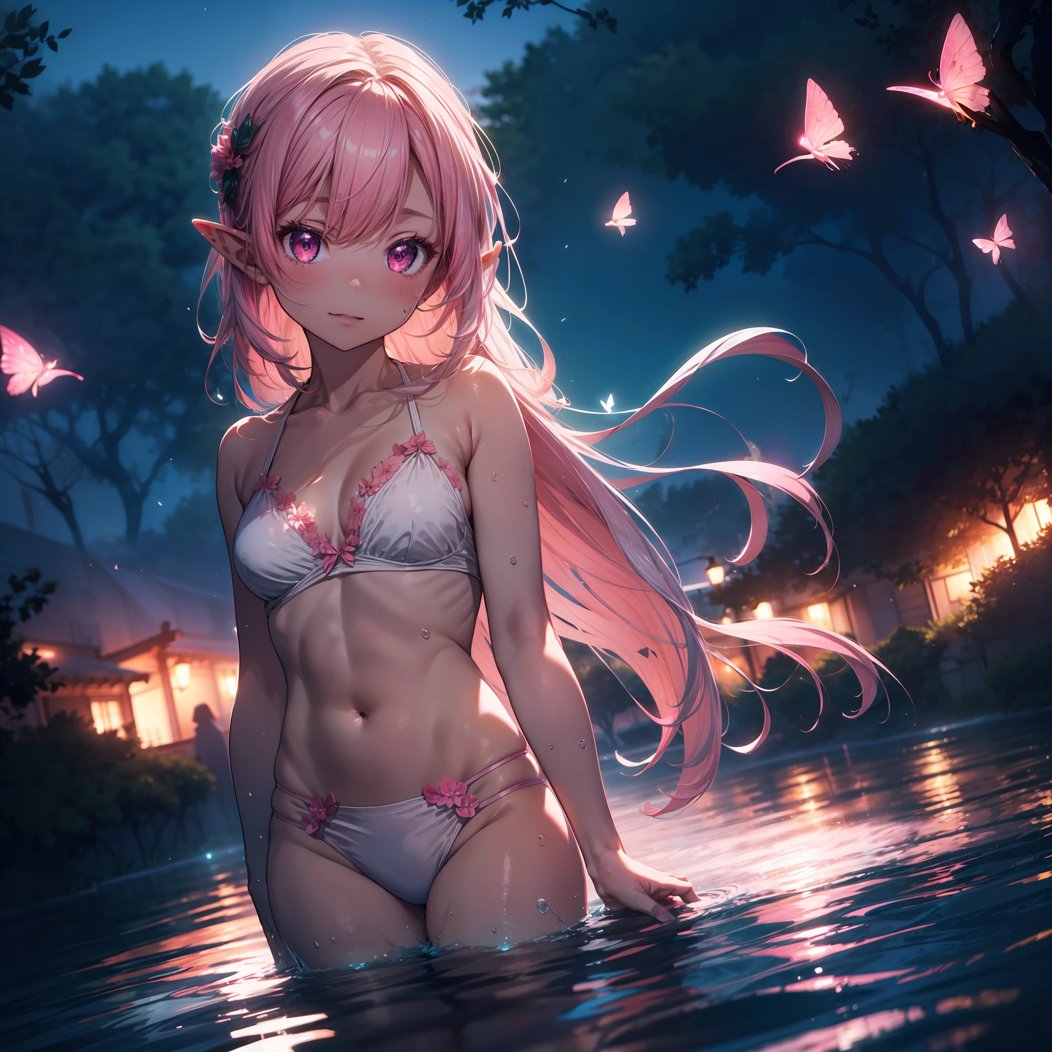 masterpiece, ultra detailed, 1girl, ((long white hair)), elf, fairy, ((pink theme)), ((pink pool)), white bikini, lights, ((glowing pink)), fireflys, ((half body)), swimming in water