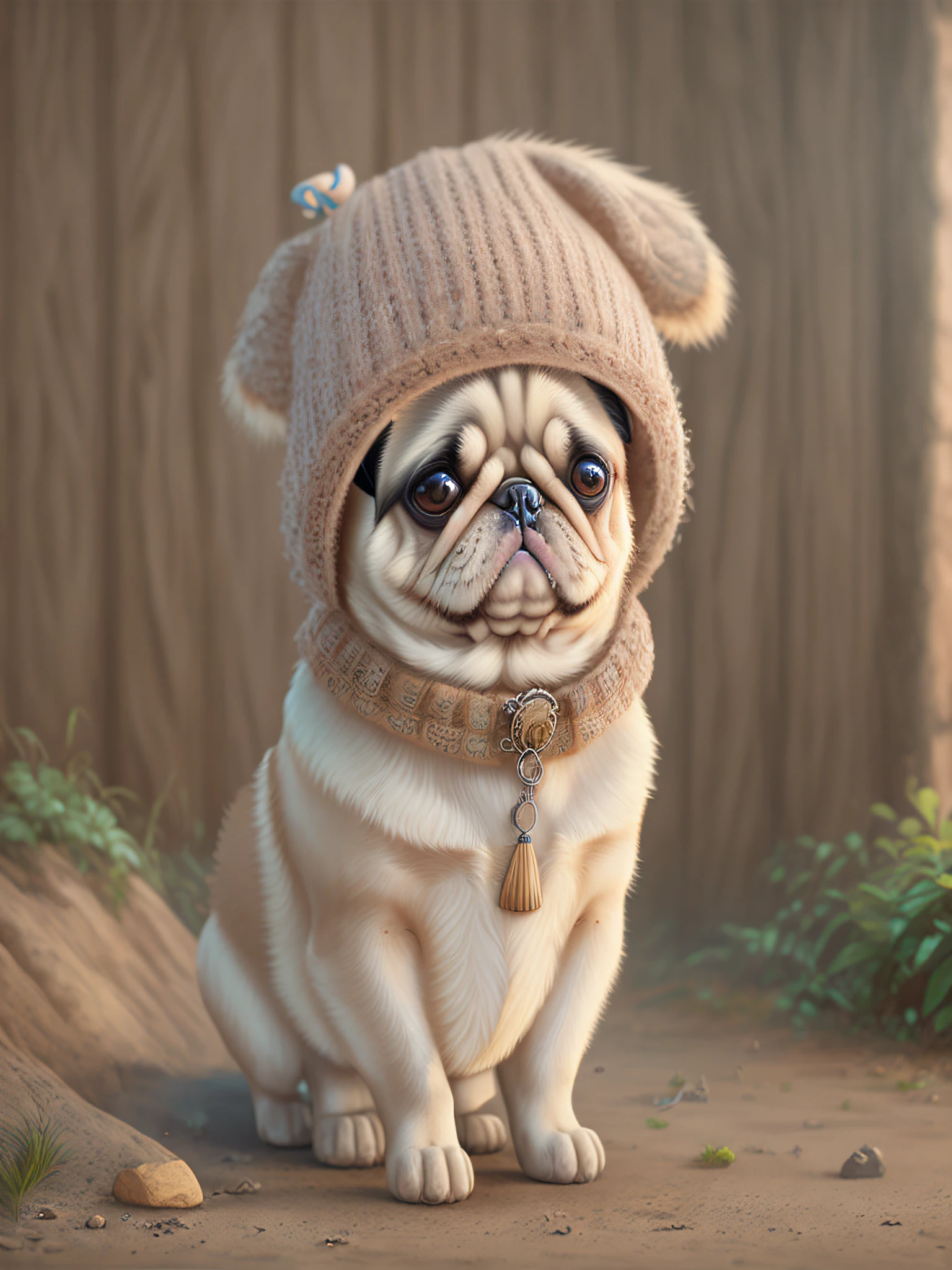 pug, reality, mokomoco, animal dressed, cheek, full body, hat, non-human, 8k --auto --s2