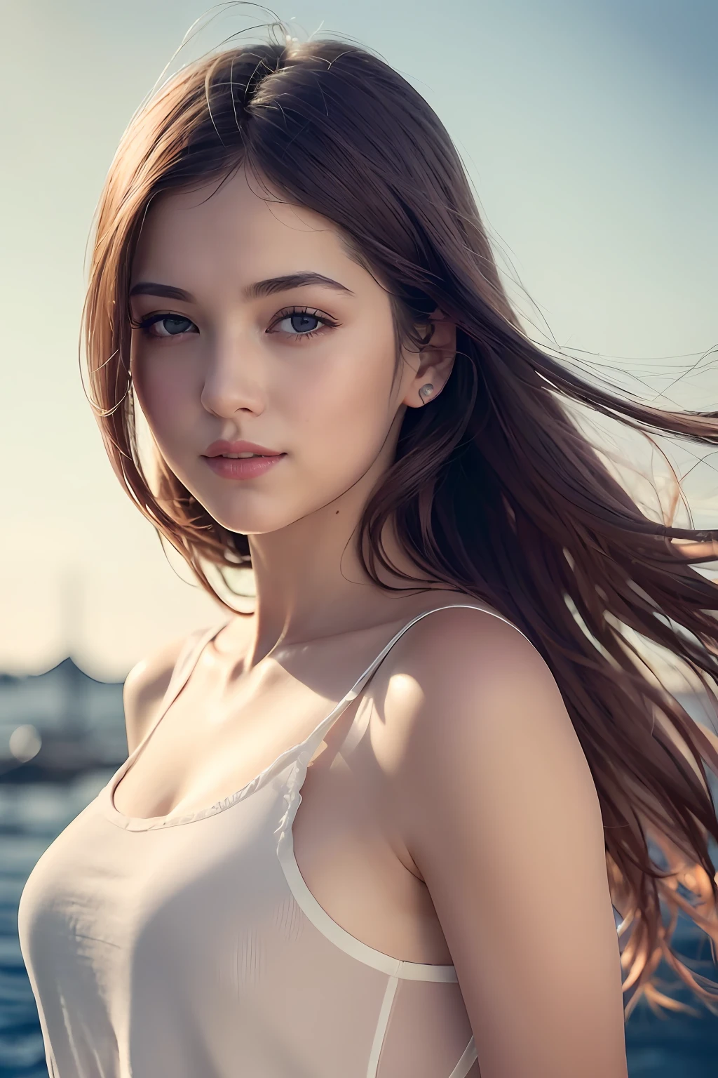 (8k, Best Quality, Masterpiece:1.2), (Realistic, Photorealistic:1.37), Ultra Detail, 1 Girl,Cute,Solo,Beautiful Detailed Sky,Date,(Blush),(Smile:1.15),(Closed Mouth)Small Breasts,Beautiful Detailed Eyes,(Long Hair: 1.2),Floating Hair NovaFrogStyle, Upper Body, Tank Top
