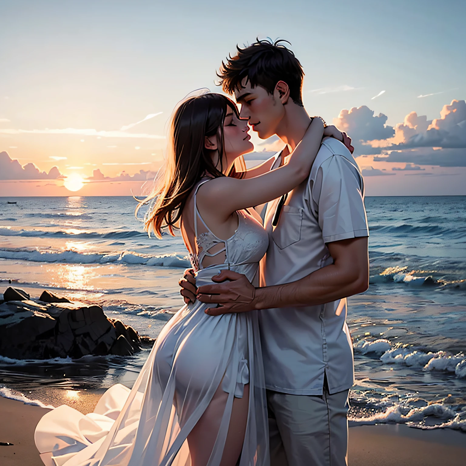 Boys in white, girls in white dresses, hugging each other on the beach at sunset. --auto