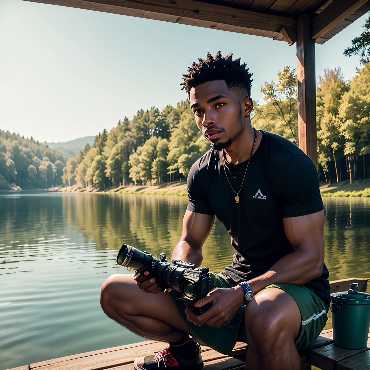 A black male photographer capturing a female fisherman's moments by the serene lake.