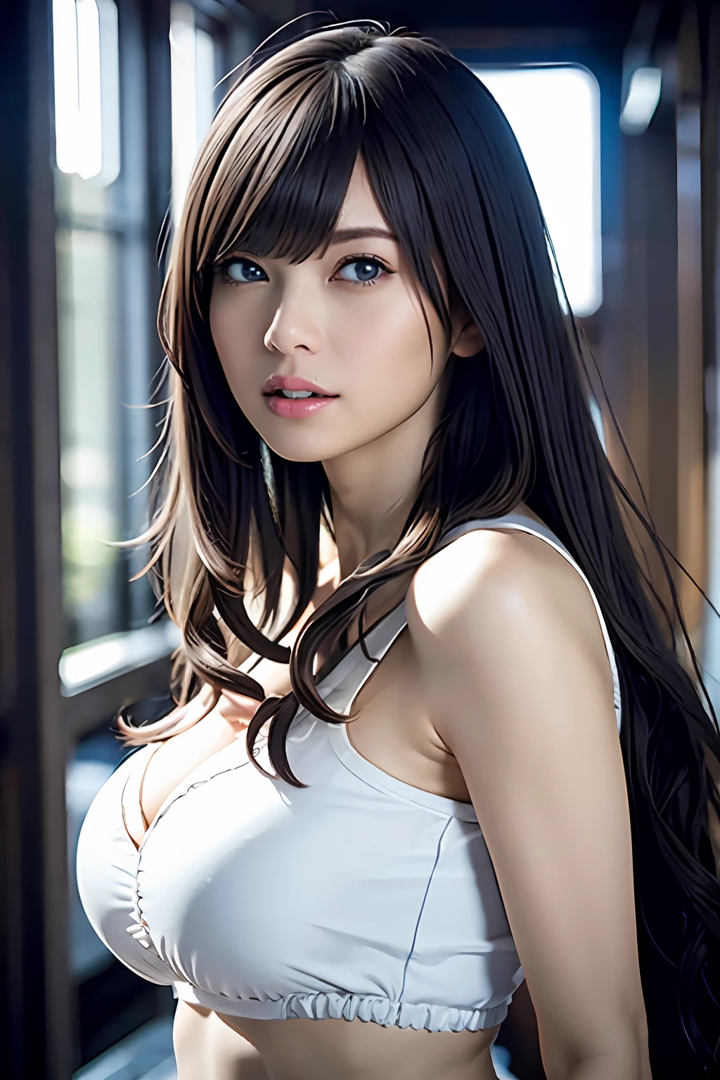 Ultra detailed complex 3D rendering of the face, (big breasts: 8.8), (masterpiece, top quality, octane rendering, 8K), glamour shot full body image, cleavage, (highly detailed skin: 1.2), (exposure: 1.1), (blonde))), (wearing a plummet tank top of white silk: 1.5)), one beautiful Caucasian woman with full soft breasts and white skin with big ass, Long braided hair, big breasts, dynamic angles, mystical expressions, ultra-realistic photos, ((portrait))), bare feet, futuristic urban background, facial muscles, detailed and beautiful queen tiara, in the style of Marvel Comics, ArtStation trends, clear focus, studio photography, intricate details, highly detailed, detailed yellow eyes, sharp focus, Digital rendering, professional, abs, shot with Canon EOS R 6, ((Sexy Pose))), Natural jungle, Mouth opening lightly, Mansuji, Crotch, Seductive look,