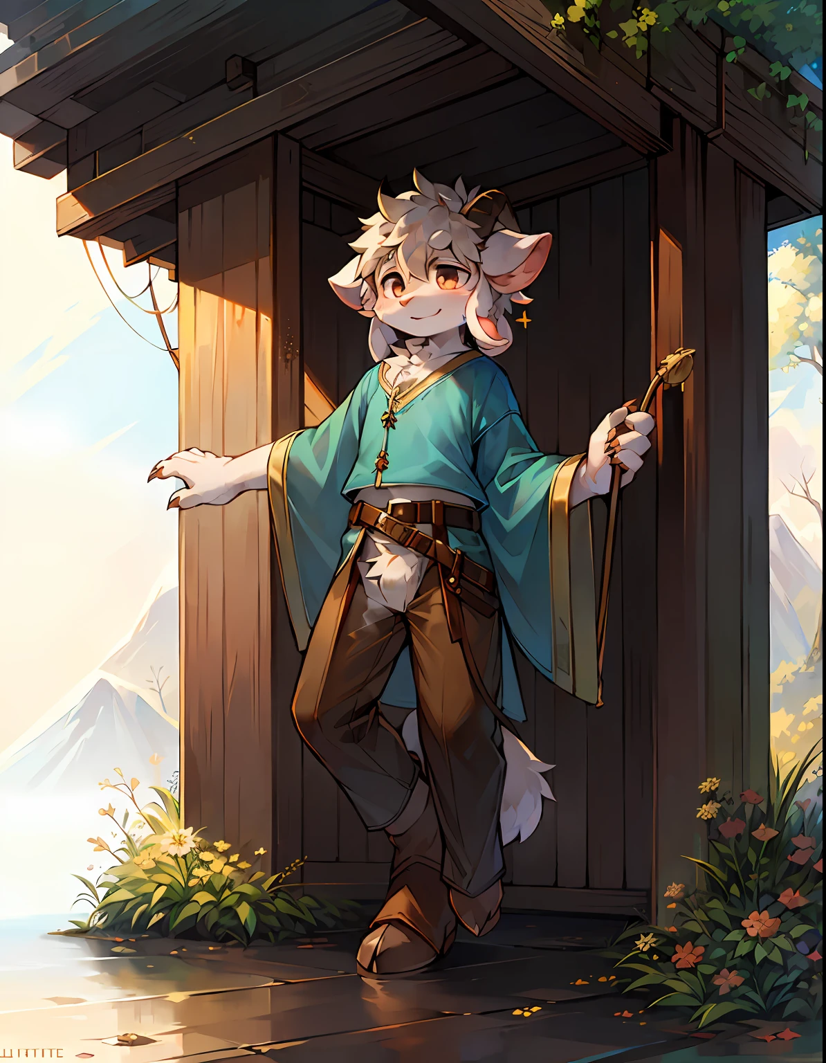 ((solo)), (Anthro furry) (goat_boy:1.5), (brown_fur:1.5) A charming scene where Anthro's furry goat boy has a short, messy hairstyle with light brown hair that matches the color of his fur. His fur is soft and fluffy, milky white, with light brown spots on his arms and legs. His ears are small and round, with a tuft of light brown hair on the tip of the ear. His big clear eyes were a faint blue, shining with obvious light, giving people an innocent and charming expression. He has soft white fur on the back of his hands, light brown flesh pads on his palms, and short, blunt claws perfect for gripping canes. He stands on a lush green hill with a clear blue sky in the background and small wildflowers scattered around. His shepherdsman's outfit consisted of a light brown tunic, brown trousers, and brown boots. He wore a brown belt around his waist, his walking stick, and a small bag for his belongings. He stood on the hillside, looking into the distance, thoughtful, with a gentle smile on his face. Warm and soft lighting gives him a gentle and serene exterior, while steady diffusion AI captures every detail, from the softness of his fur to the intricate details of his clothes. (fluffy_goat_hooves), (goat_horn), fluffy_litte_goat_tail, standing on a mountain, overlooking the valley, detailed_fluffy_fur, tuft, (body_fur), oil_skin, (skin_with_fluffy_fur), (animal_nose), animal_ear_fluff, fluffy_paws, pawpads, animal_hand, flowers, ((cute, innocent, delicate face, big round eyes)), warm soft lighting, 8k, SFW, spring, tranquility, hired, dressed in shepherd's clothes, wearing a straw hat and cane, standing with one leg crossed, looking at something in the distance, holding a cane in one hand and a hat in the other, thoughtful, three views.