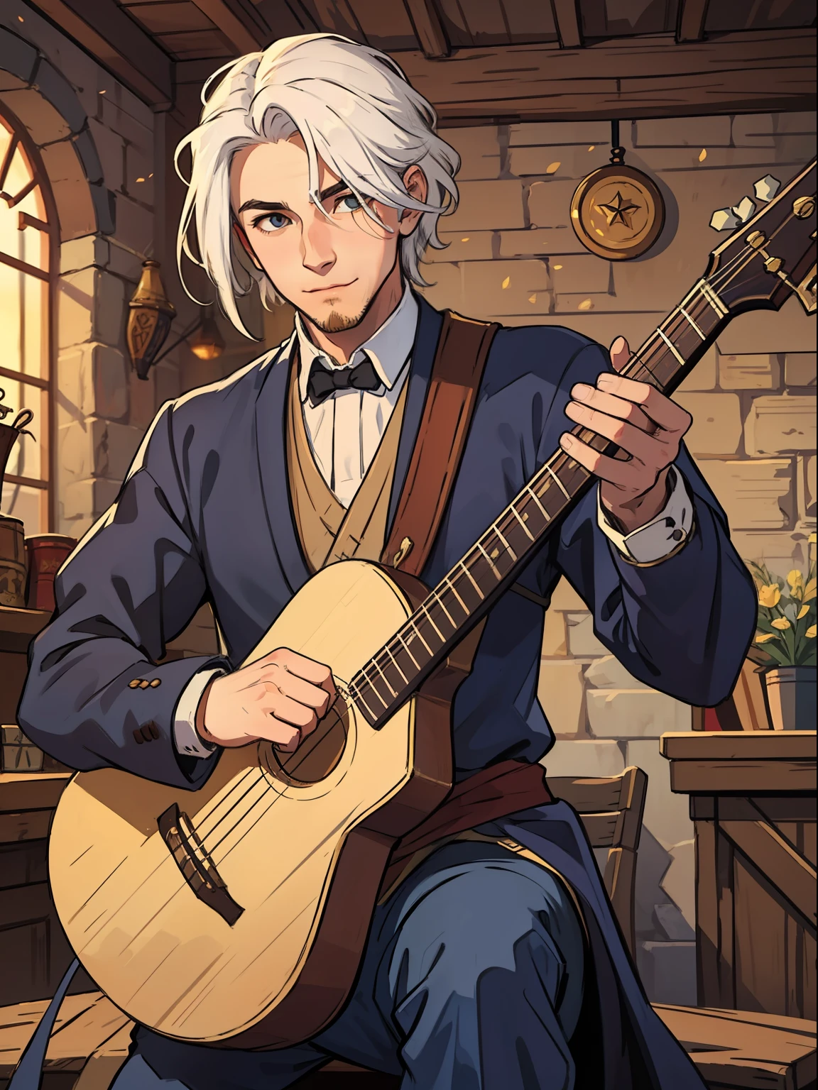 a handsome man with straight white hair his hair is of medium length at ear height like a channel-style haircut this man wears elegant medieval costumes has a captivating smile as he is a gallant he is with his lute as he is a bard in a tavern playing music for some beautiful women, this man wears bard clothes elegant medieval clothes beautiful fabrics an artist's outfit he is a bard for medieval rpg of DND