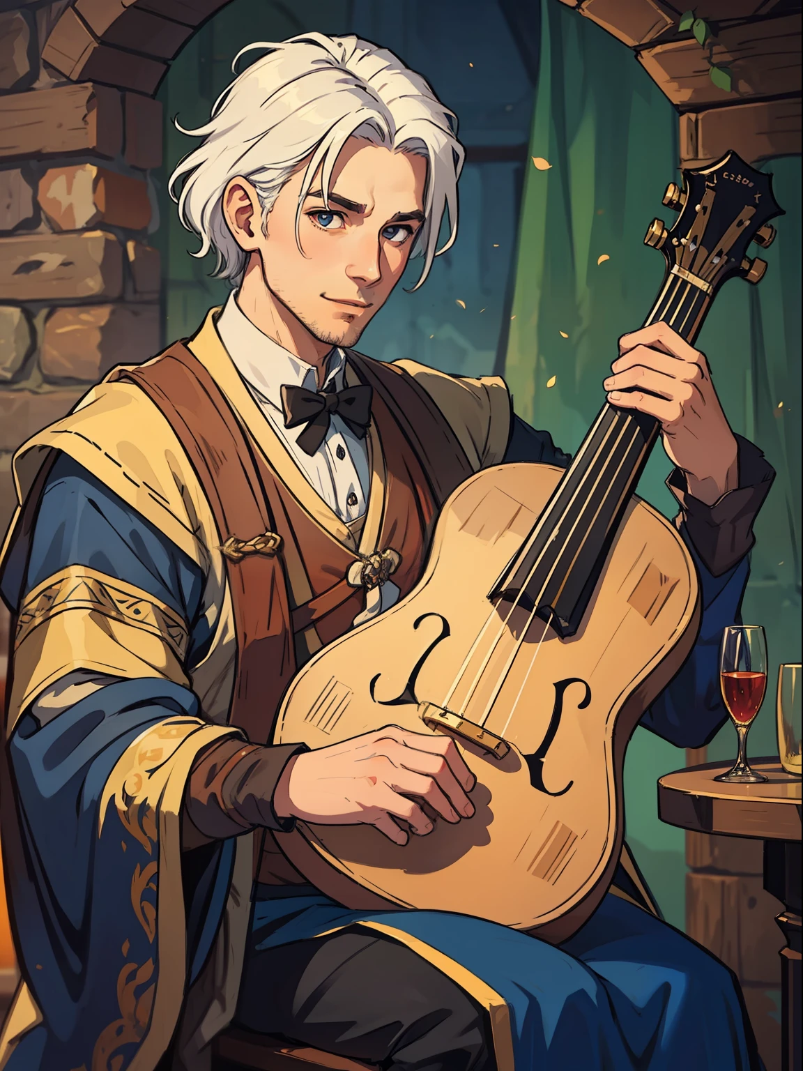 a handsome man with straight white hair his hair is of medium length at ear height like a channel-style haircut this man wears elegant medieval costumes has a captivating smile as he is a gallant he is with his lute as he is a bard in a tavern playing music for some beautiful women, this man wears bard clothes elegant medieval clothes beautiful fabrics an artist's outfit he is a bard for medieval rpg of DND