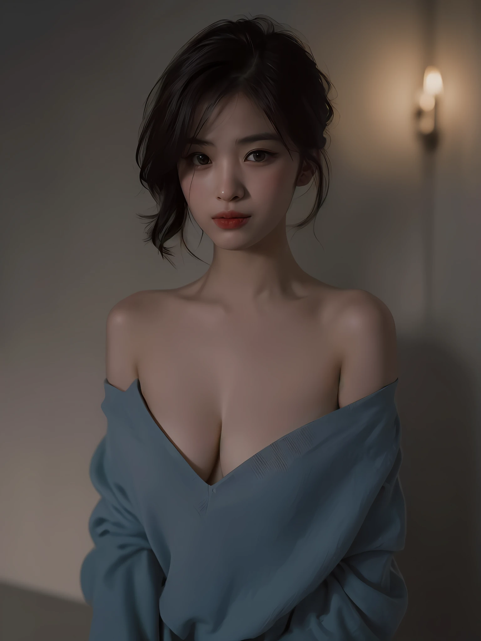 Best quality, masterpiece, ultra high res, (photorealistic:1.5), raw photo, 1girl, offshoulder, in the dark, deep shadow, low key, cold light, sexy look, short hair