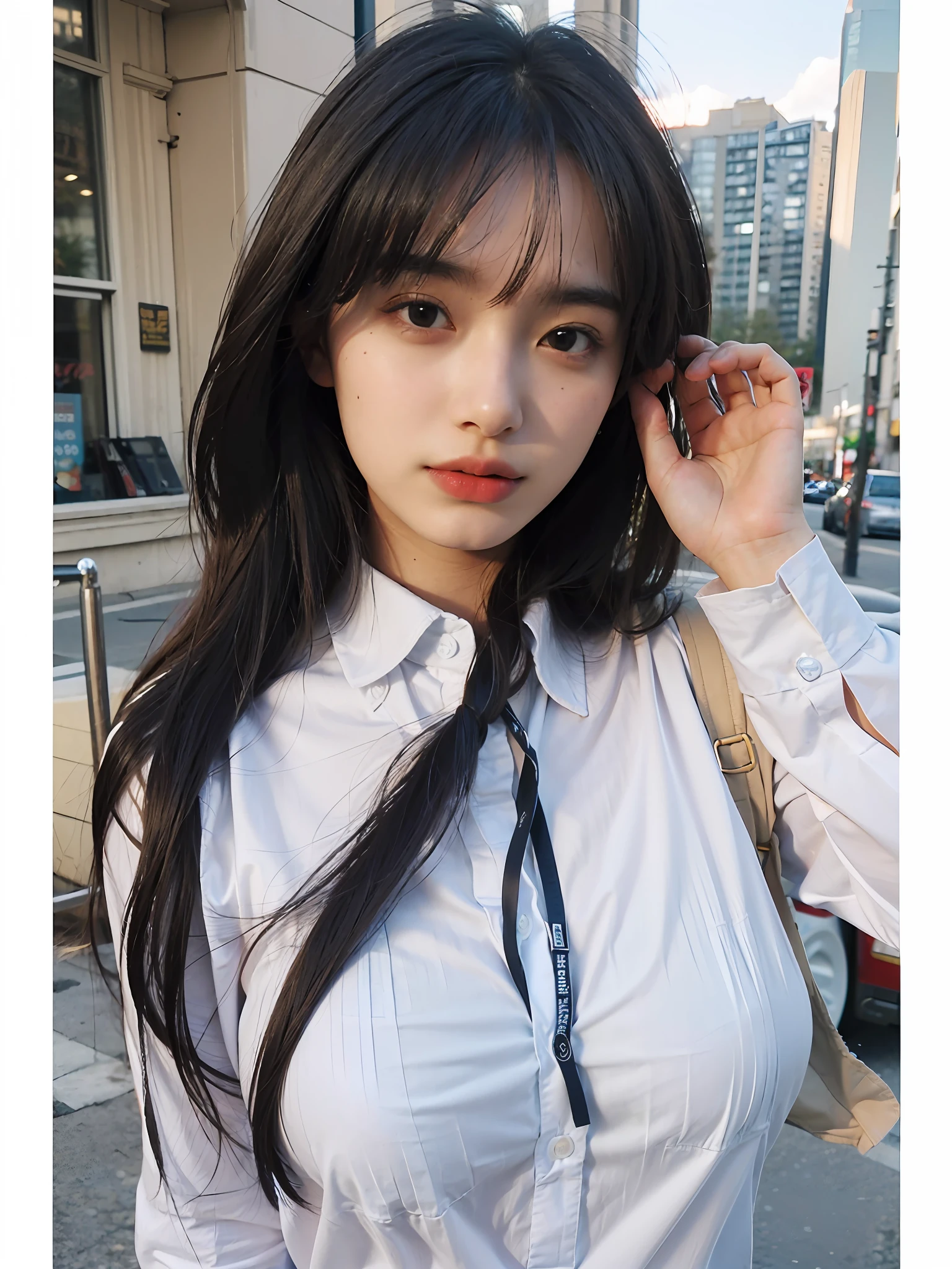 (Large breast:1.4),(shirt:1.4),(Best quality,masterpiece,ultra high res,(photorealistic:1.4),1girl,(16 years old:1.4),(partially unbuttoned:1.5)