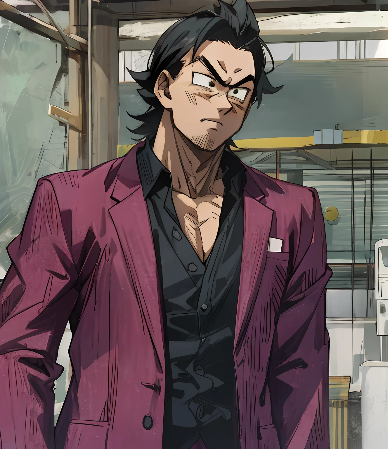 shun akiyama, black hair, calm face, red suit, black shirt, super saiyan, hd, highres