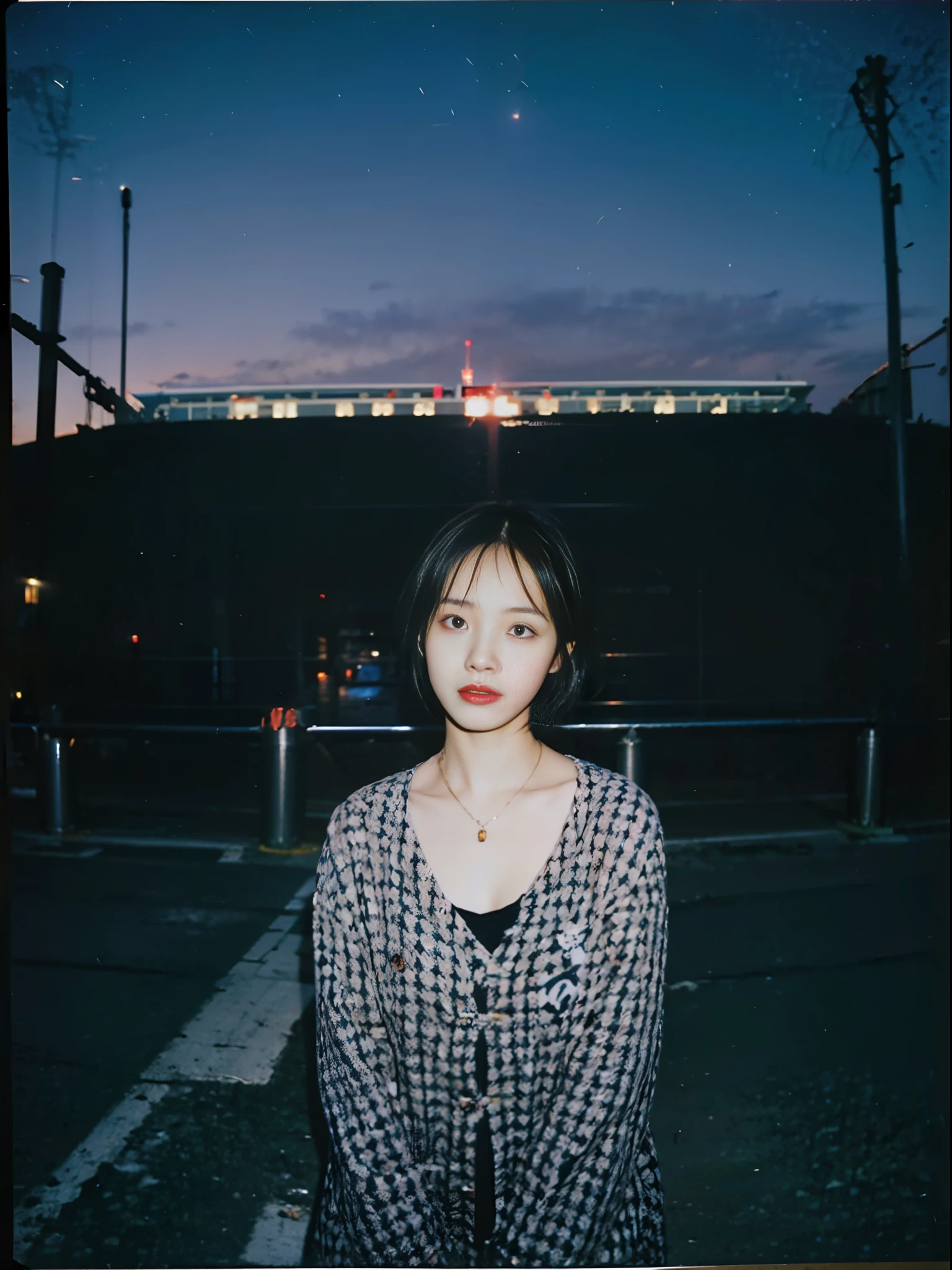 masterpiece, raw photo, film photo, 90s flash photo, 1girl, night scene, dark, empty road, beautiful 1girl, 大爆発、sin front of camera, best quality, (short hair:1.3)