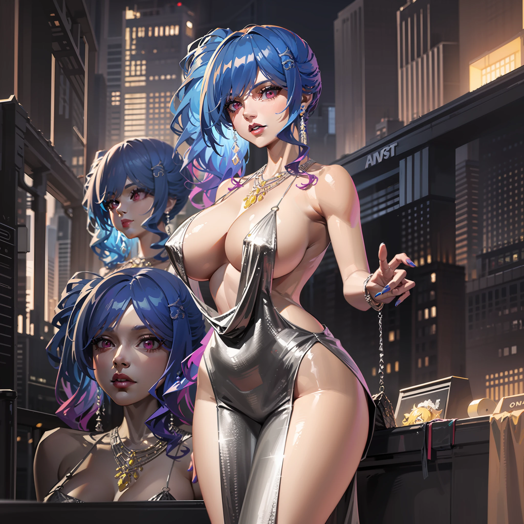 Three women in shiny dresses are posing for a photo, trending at CGstation, deviant art station CGScosiety, anime girl, opai cyberpunk, style art germ, anime style 3D, digital cyberpunk - anime art, ig model |Artgerm, digital cyberpunk anime art, three futuristic princesses, Artgerm style, anime style. 8K, big breasts