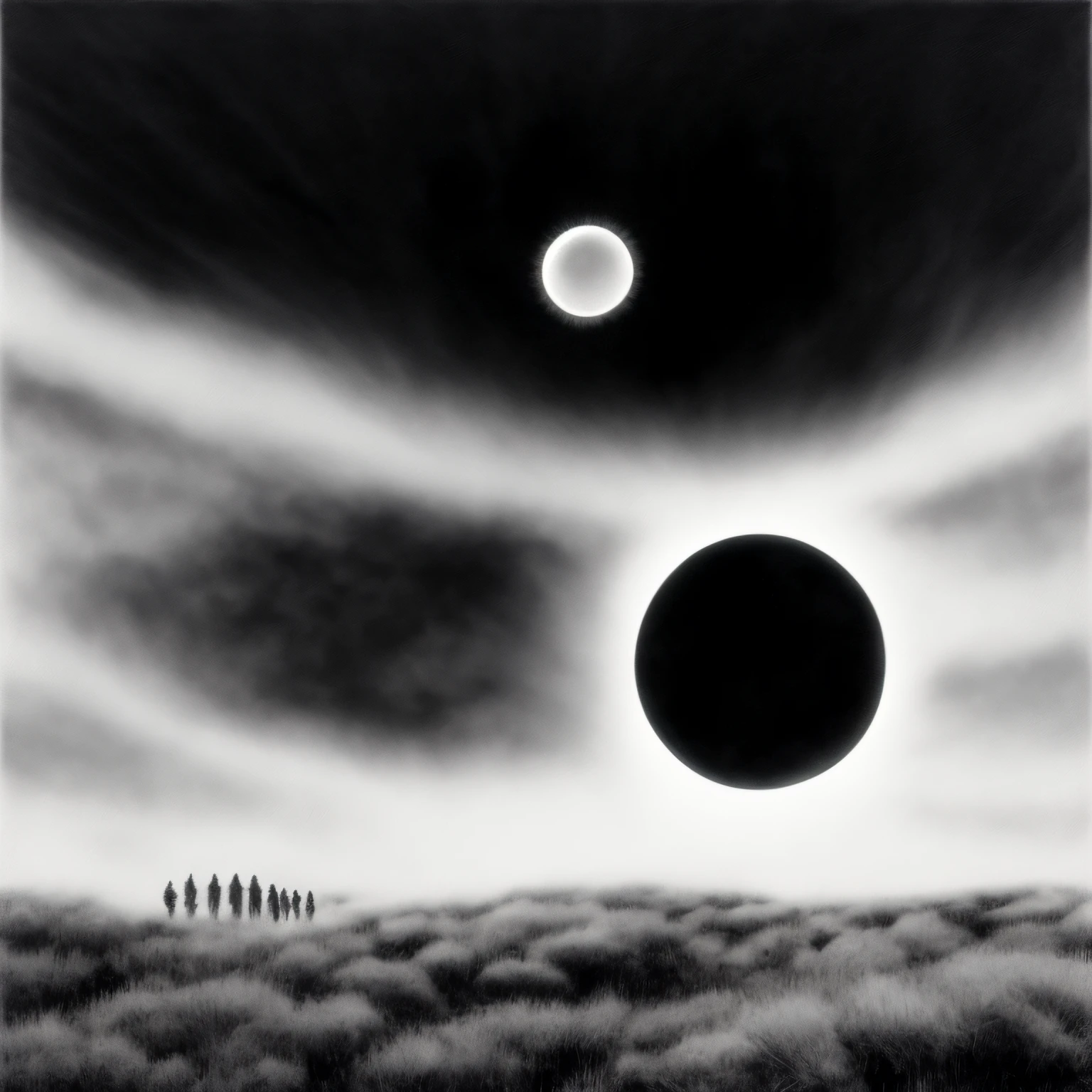 (obra-prima) solar eclipse by stephen gammell, white sun, cartoon style, black predominance