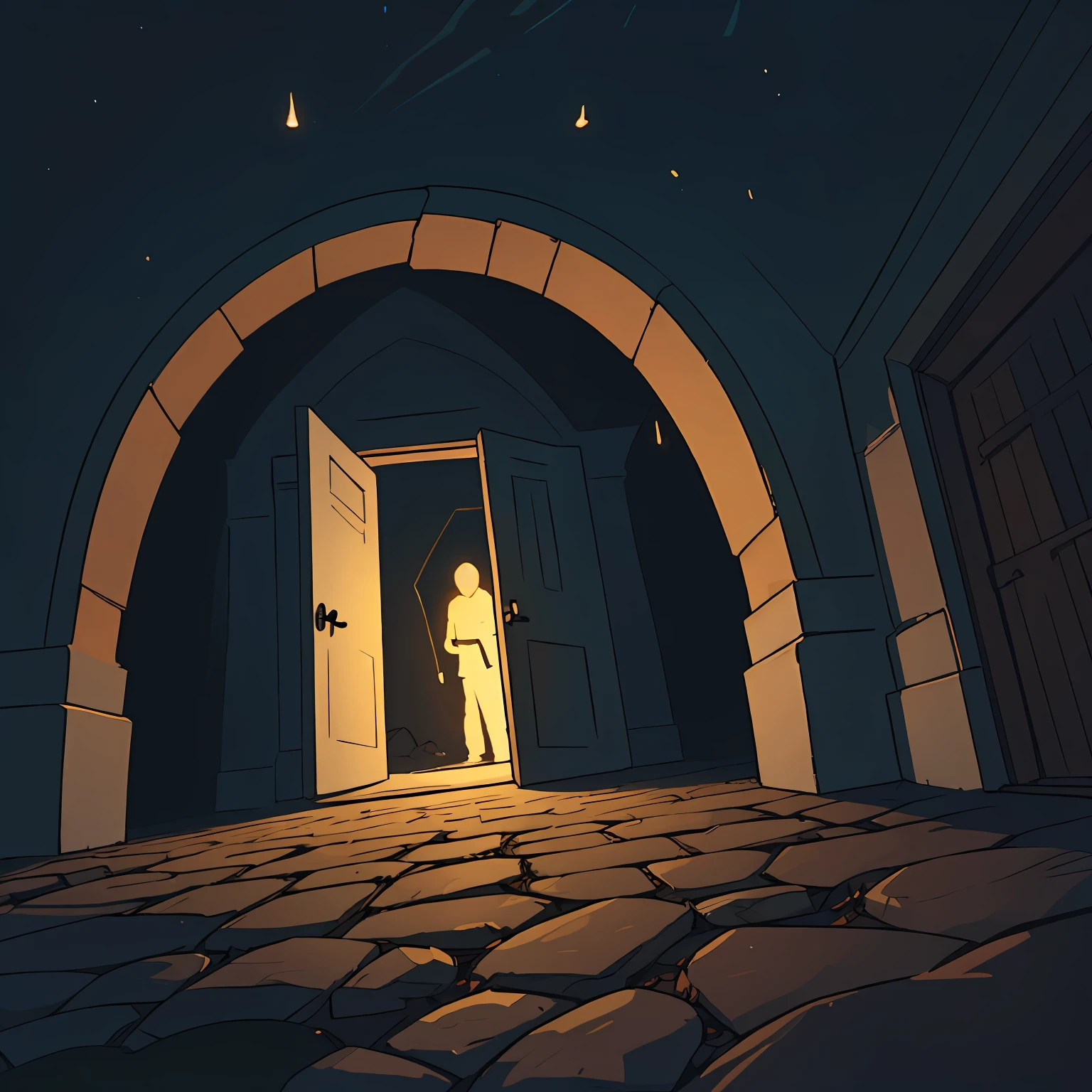 Complete darkness, doors open in the darkness, light on the ground, light in the depths,