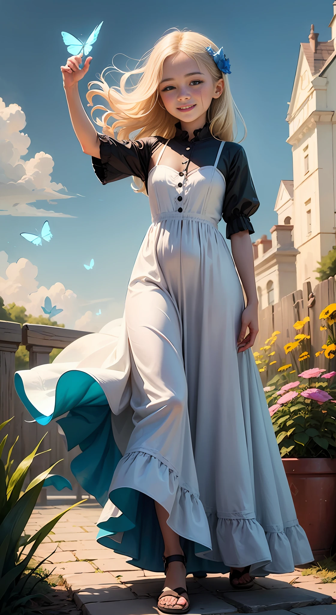 Illustration of a girl, 1 blonde of 10 yeppy" in an enchanted flower garden, wearing long dress of braco and blue color, blue sky of clouds, playing with butterflies, beautiful illustration, beautiful UHD 4k art, a beautiful art illustration, art in the style of guweiz, atey ghailan 8K, artgerm and atey ghailan, girl, 1 blonde child of 10 y wearing ss of white and blue color, happy in an enchanted flower jadim, playing with butterflies, (butterflies). (best quality, masterpiece), pose, particles, wind, flower, full body, enchanted garden background, looking at the butterflies. --auto