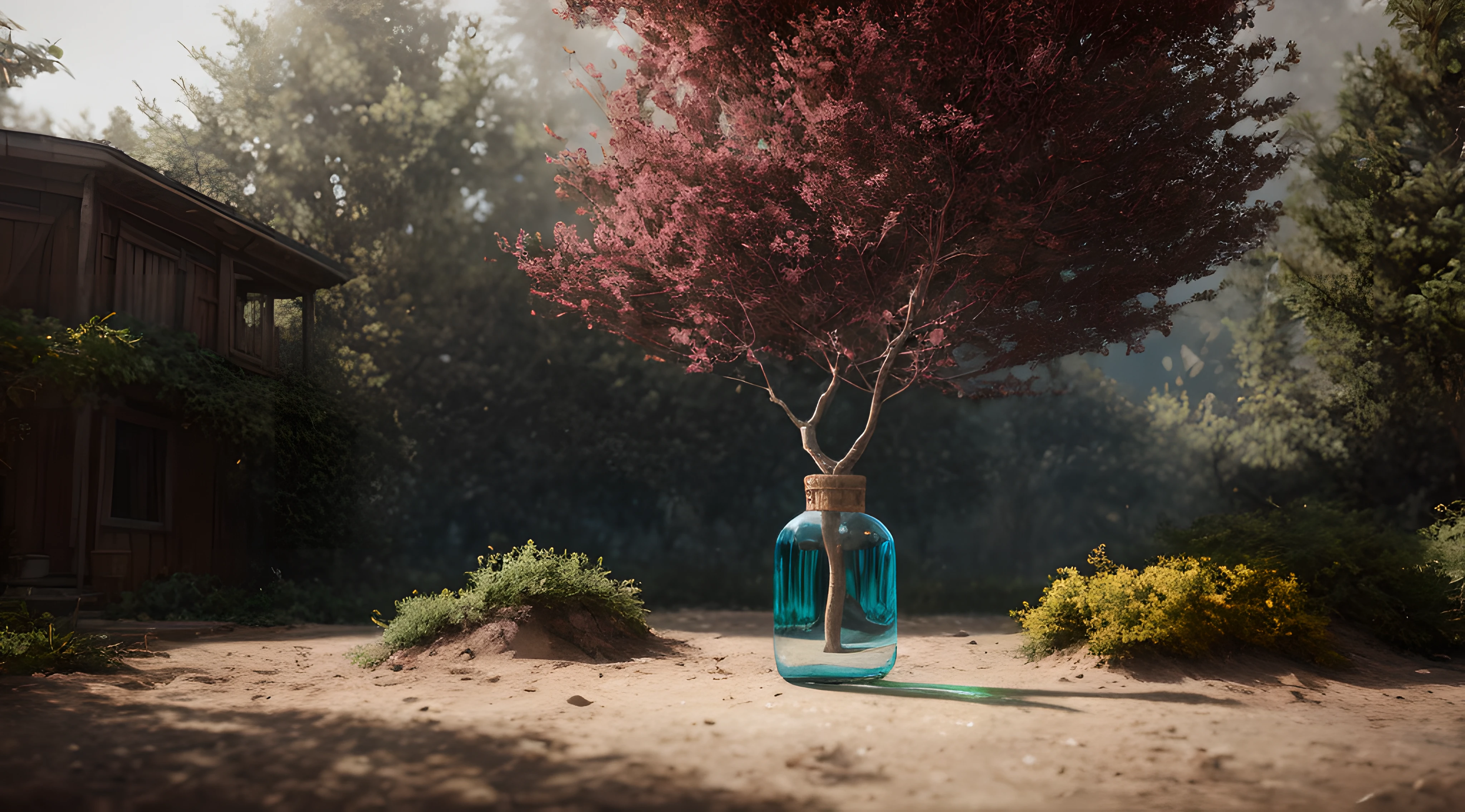 dreamlikeart tree in a bottle, fluffy, realistic, photo, canon, dreamlike, art, colorfull leaves and branches with flowers on top of its head. hyperdetailed photorealism by greg rutkowski - h 1024 w 804 | f 1 6 lens mark 2:2 s 3555 mm film grain :1 lifelike high res sharp focus contrast!! intricate detailed atmospheric light refraction lighting unreal engine 5 cinematic concept photography masterpiece octane render trending at cgsociety rendered as