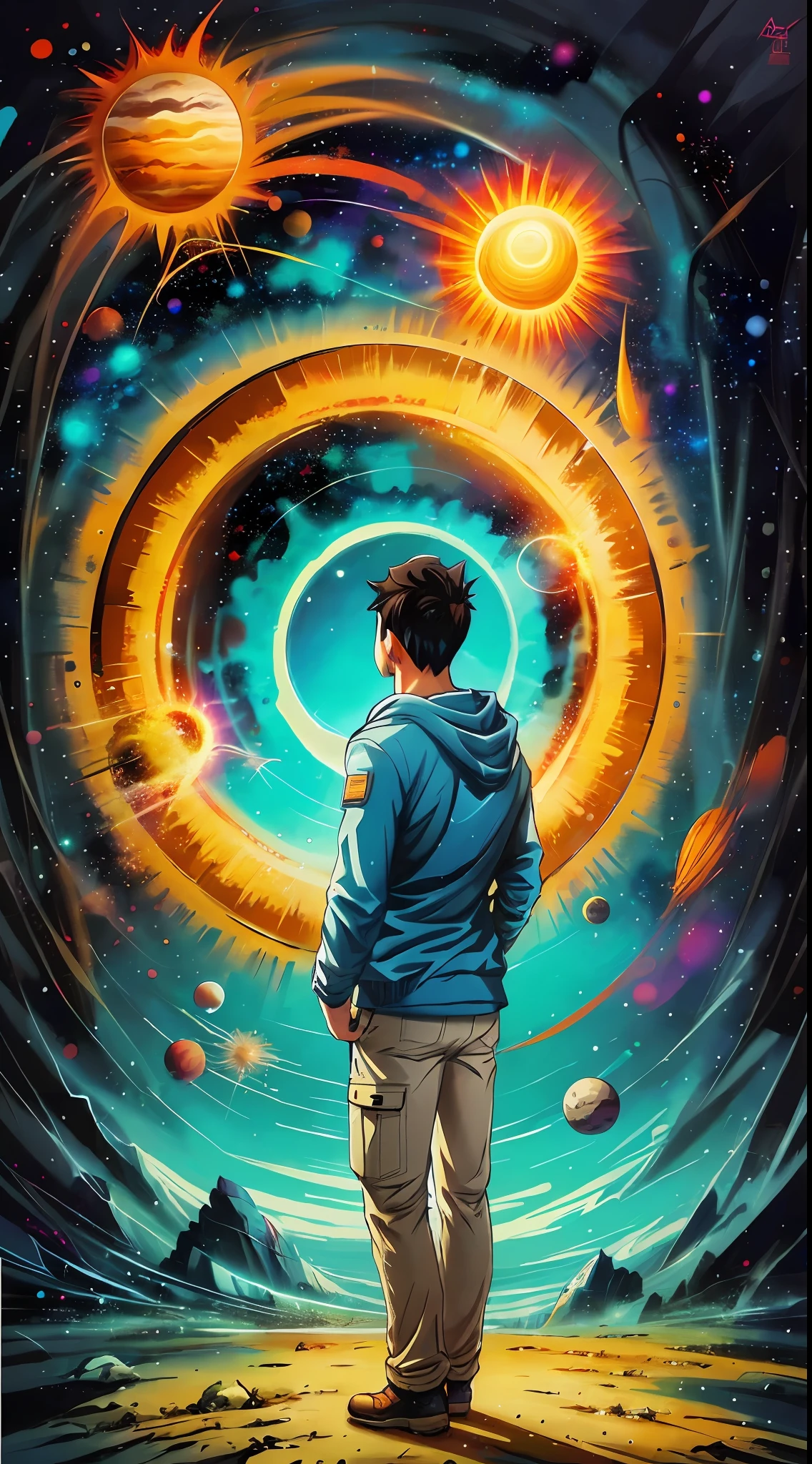 a man standing in front of a space portal with a view of the sun, cyril rolando and goro fujita, portal to another universe, inspired by Cyril Rolando, portal to another dimension, world seen only through a portal, high quality fantasy stock photo, portal to another world, portal to outer space, in style of cyril rolando, looking out into space