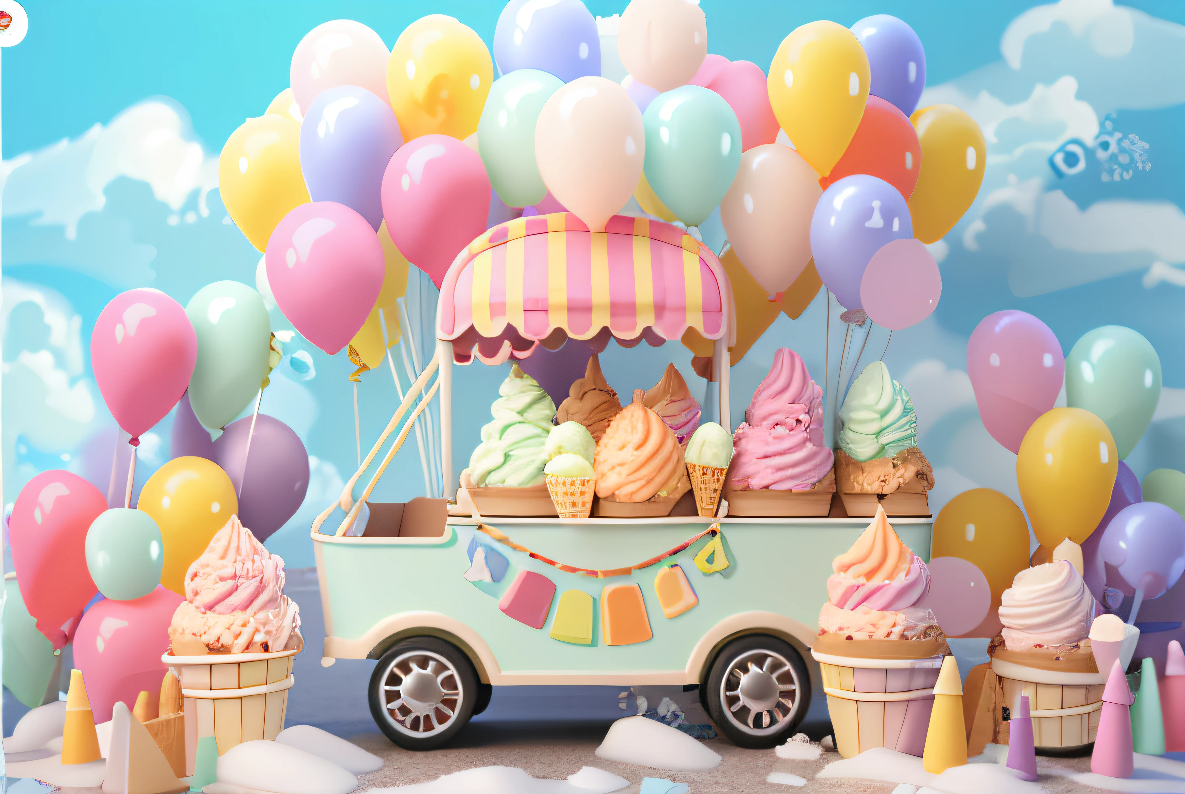 there is a ice cream truck with balloons and ice cream cones, mountains of ice cream, ice! cream! truck!, pastel colourful 3 d, food commercial 4 k, stylized as a 3d render, ice cream, cute 3 d render, shutterstock, 4k polymer clay food photography, ice cream on the side, 3 d stylize scene