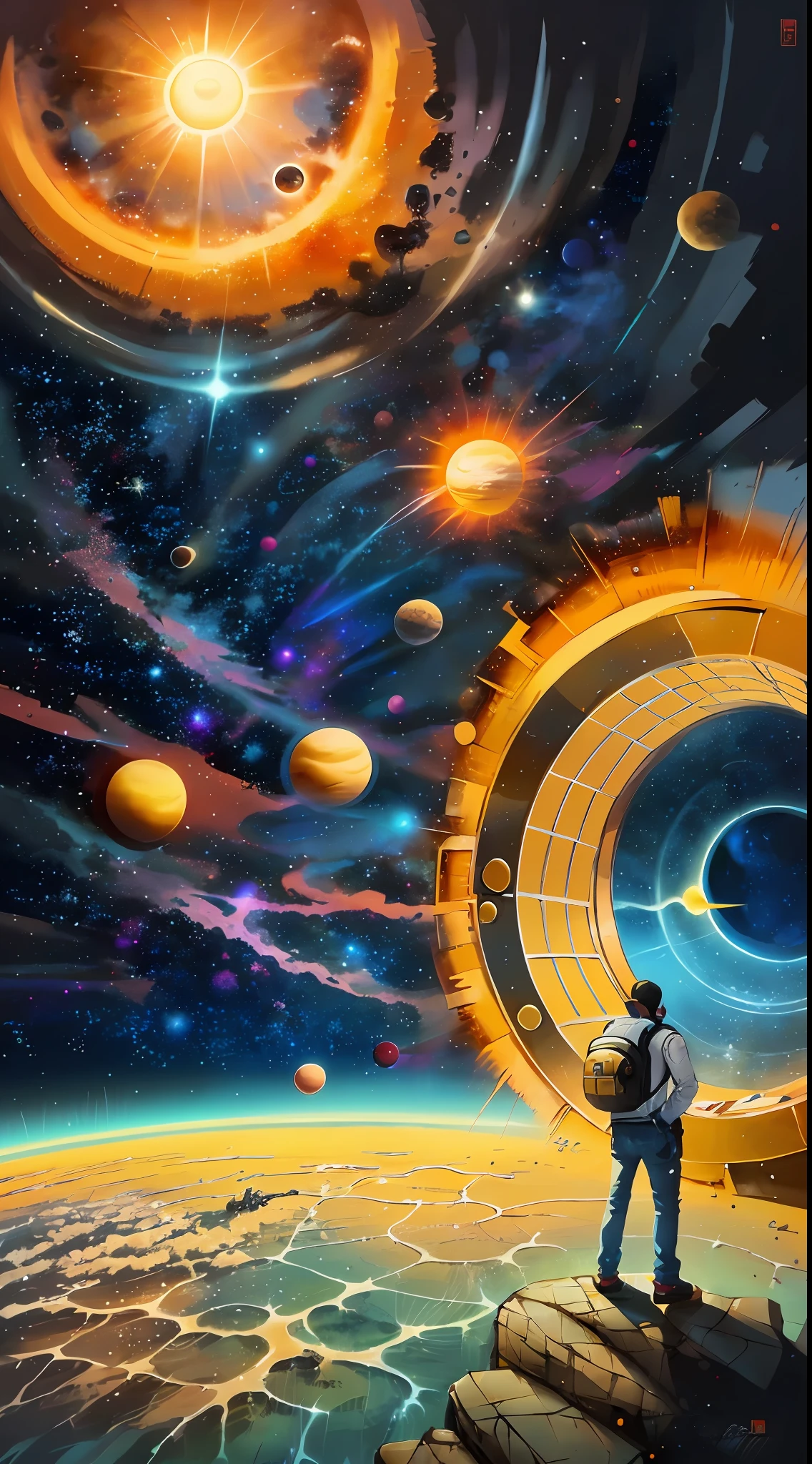 a man standing in front of a space portal with a view of the sun, cyril rolando and goro fujita, portal to another universe, inspired by Cyril Rolando, portal to another dimension, world seen only through a portal, high quality fantasy stock photo, portal to another world, portal to outer space, in style of cyril rolando, looking out into space