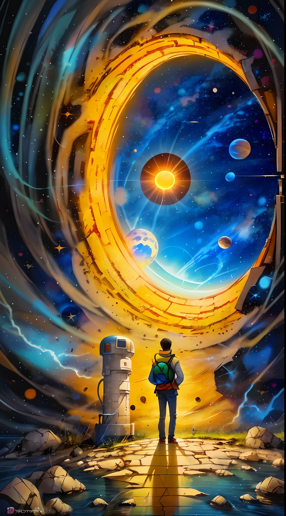 a man standing in front of a space portal with a view of the sun, cyril rolando and goro fujita, portal to another universe, inspired by Cyril Rolando, portal to another dimension, world seen only through a portal, high quality fantasy stock photo, portal to another world, portal to outer space, in style of cyril rolando, looking out into space