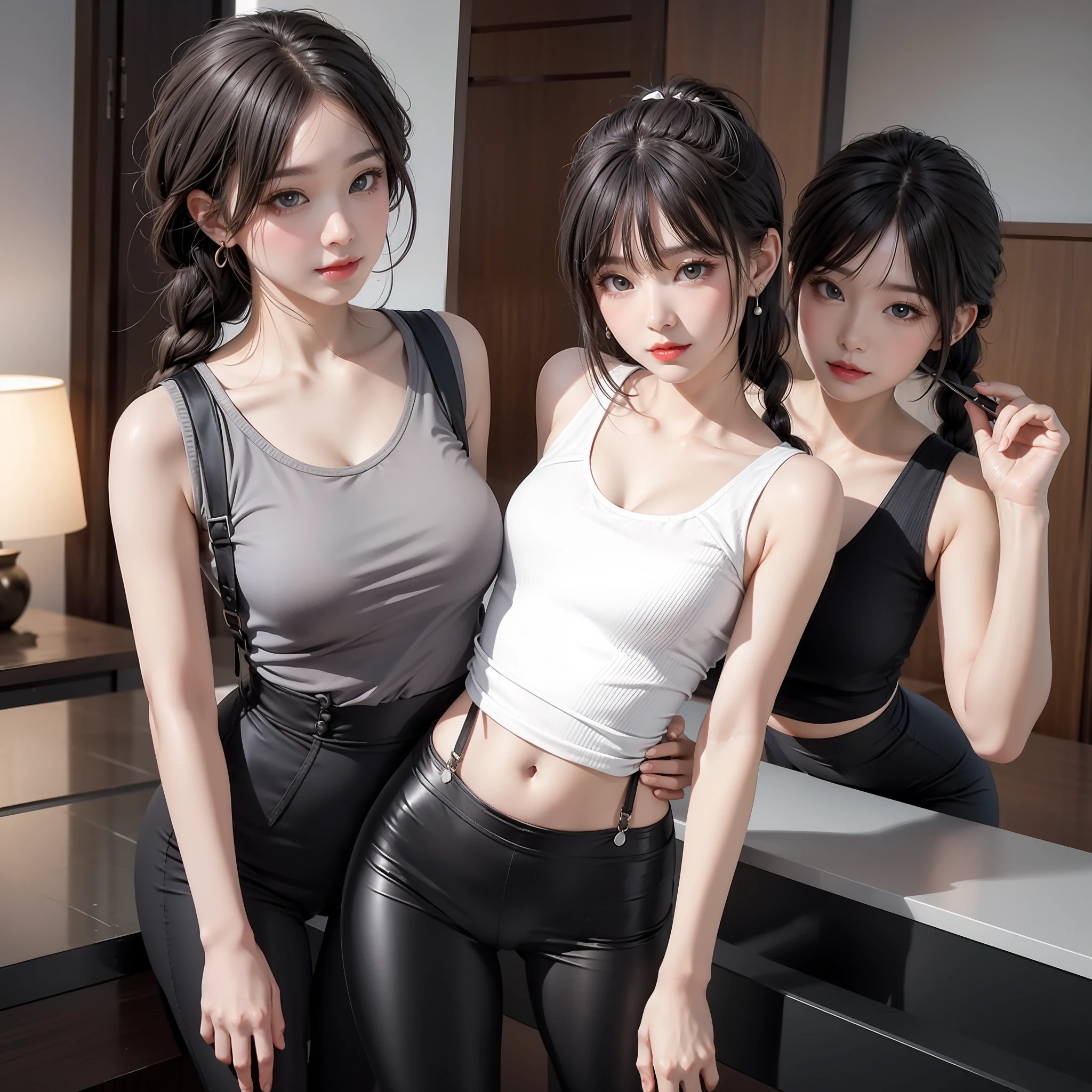 A silly white sweet, masterpiece, light makeup, red lips, side split bangs, flowing hair, side braids, sea view villa, beautiful and elegant. Ultra-fine details, master works, real texture, cinematic lighting realism, perfect works, 8k, high definition, exquisite facial features. The upper body is wearing elastic sleeveless suspenders, showing the navel and a small waist. The lower body is wearing a beautiful hip skirt, sexy trouser tights, and an S-shaped curved body. Pear-shaped body. Rounded hips, slender little waist, sexy chest, vest line, collarbone, bright big eyes, smooth skin, earrings, tattoos, short and cute beautiful legs. Deep in the human, cat cherry lips. Perfect waist-hip ratio.