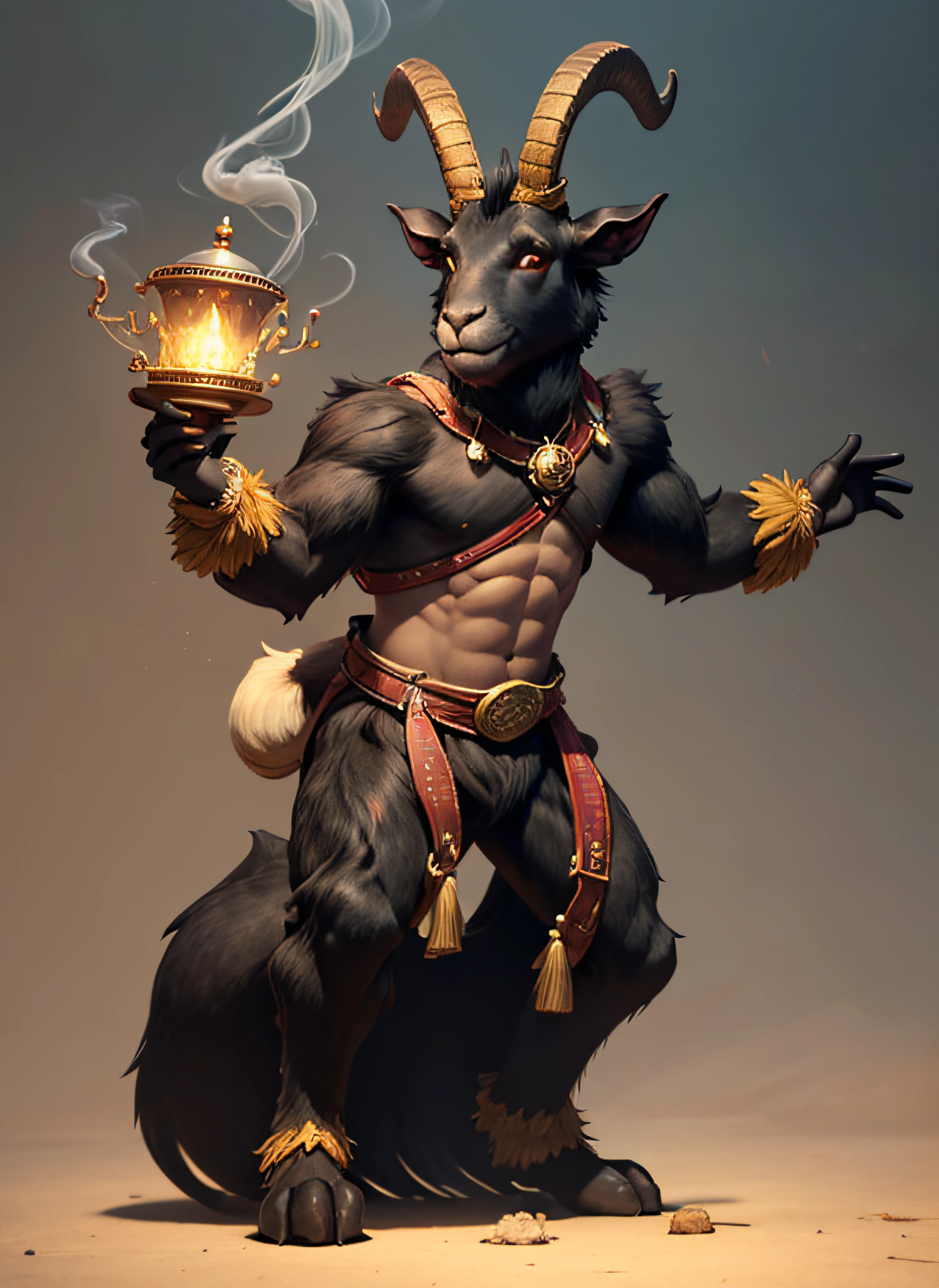 Giant black palanca, Angolan species in extinction, giant black goat, antelope, hybrid, from the waist to the neck, man's body, from the waist down smoke body as if it were coming out of a magic lamp, as in the tales of Alladim, smoky body, cartoon 3d illustration, inspired by disney and pixar movies, smiling, bright and wide black eyes, cartoonish eyes and mouth.
