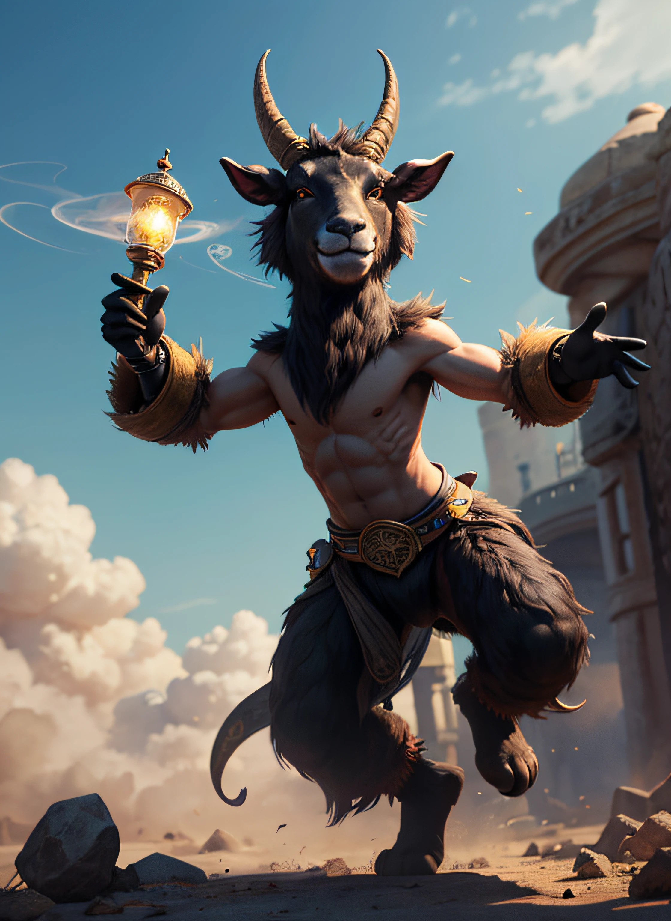 Giant black palanca, Angolan species in extinction, giant black goat, antelope, hybrid, from the waist to the neck, man's body, from the waist down smoke body as if it were coming out of a magic lamp, as in the tales of Alladim, smoky body, cartoon 3d illustration, inspired by disney and pixar movies, smiling, bright and wide black eyes, cartoonish eyes and mouth.