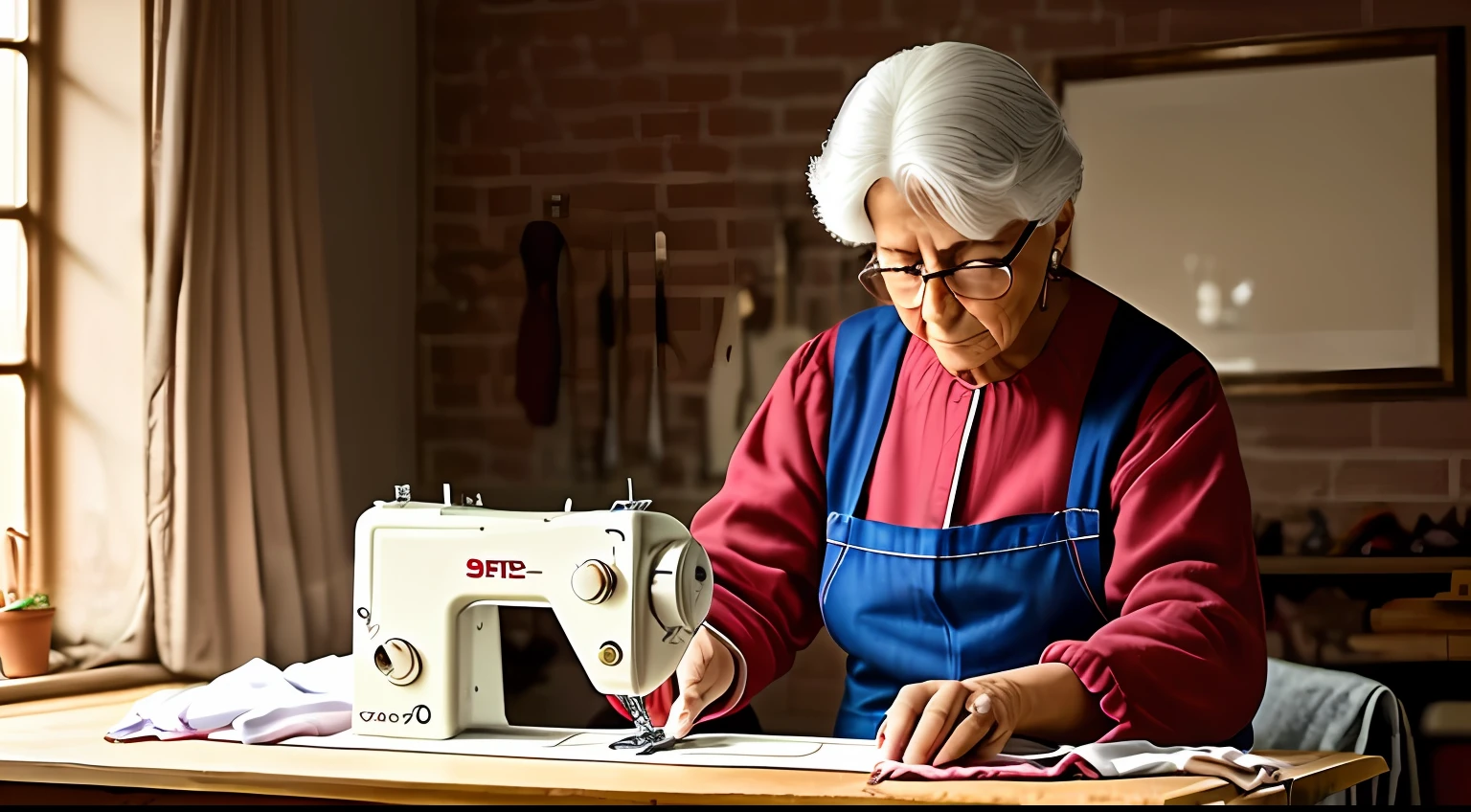 Artisan woman of 40 years, seamstress, Cena is a sewing atelier, lighting made by a side window the sewing table. The woman is sitting sewing. a cinematic, trarealism. --auto